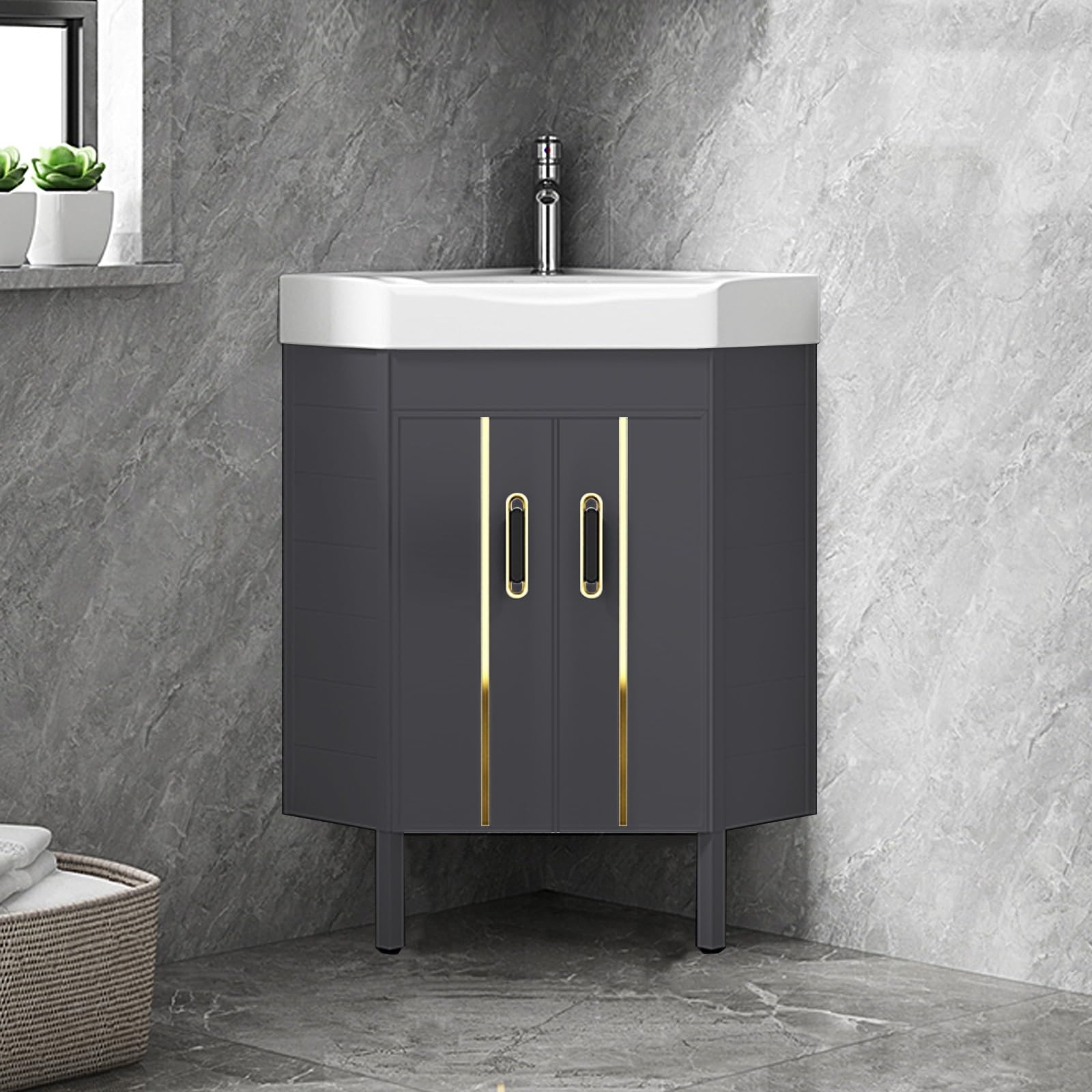DFGHNBVC Compact Corner Vanity Sink, Space-Saving Floor Mounted Design With Ceramic Basin, Ideal For Tight Spaces In Bathrooms And Laundry Areas,Grey-48Cm/19In