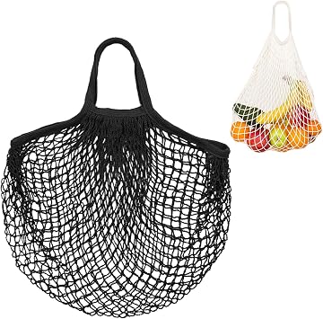 M METERXITY 1-Pack Cotton Mesh Bag, Reusable Washable Mesh Net String Grocery Bags, Reusable Produce Bags with Handle, Net Tote Bag for Fruits/Vegetables Shopping [Black, Short Handle]