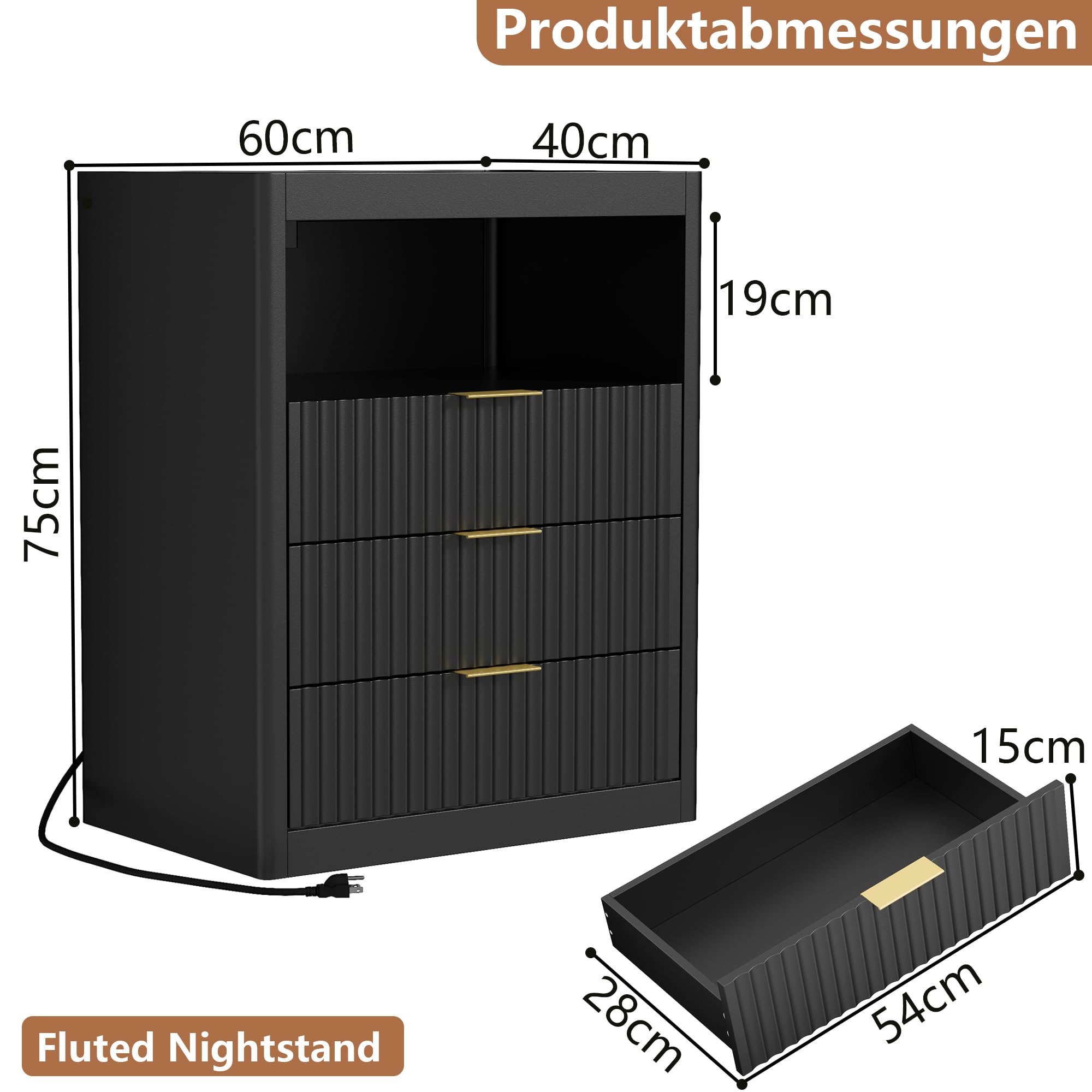 Extra große Nachttische mit Ladestation und LED-Beleuchtung, 75 x 60 x 40 cm Nachttisch mit 3 Schubladen und offenem Fach, Beistelltisch mit 2 USB-Anschlüsse für das Schlafzimmer (1)