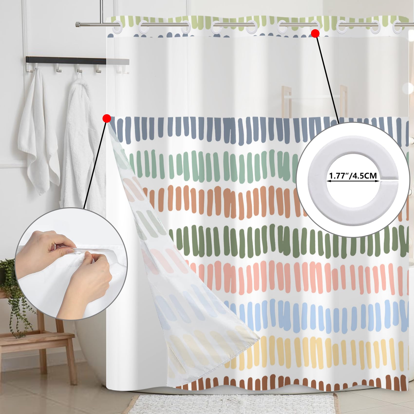 Duschvorhang ohne Haken, mehrfarbig, gestreift, mit Stoffeinsatz, Set für Badezimmer, Regenbogen-gestreift, Hotel, Duschvorhang und Auskleidung, durchsichtiger Duschvorhang mit Fenster, 180 x