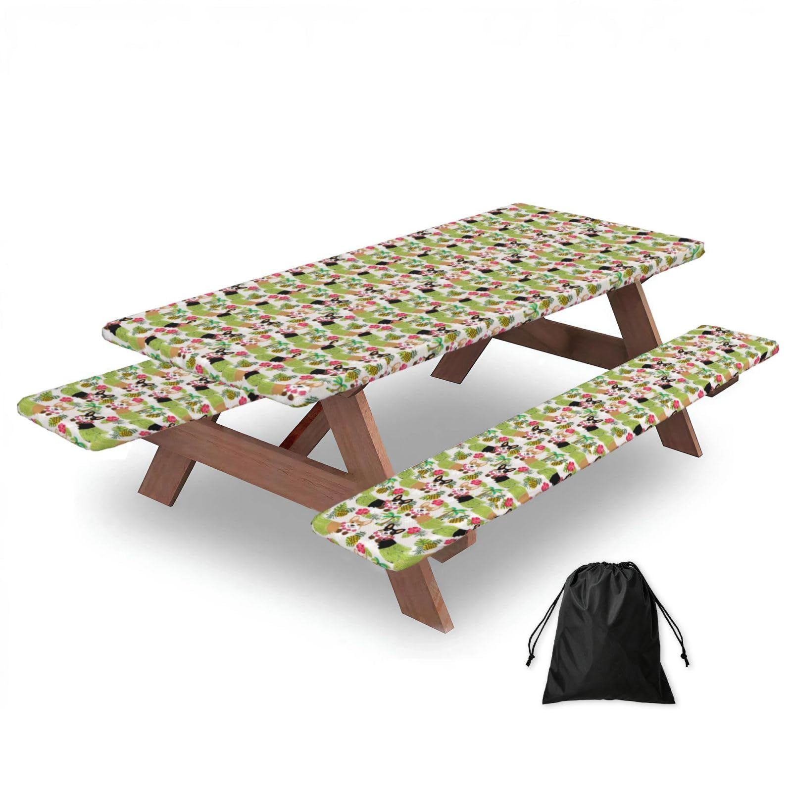 PPHGUT Corgi Hawaiian Tropical Summer Pineapple Print Picnic Table Bench Cover Set Outdoor Garden Bbq Protector For Family Camping