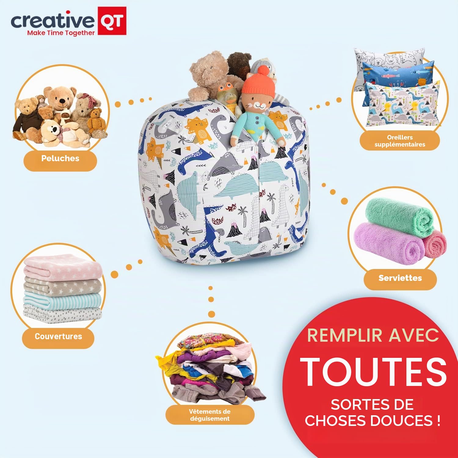Creative QT Stuff 'n Sit Housse de Rangement pour Pouf Extra Large de 38 po pour Animaux en Peluche et Jouets - Velours côtelé Gris Clair