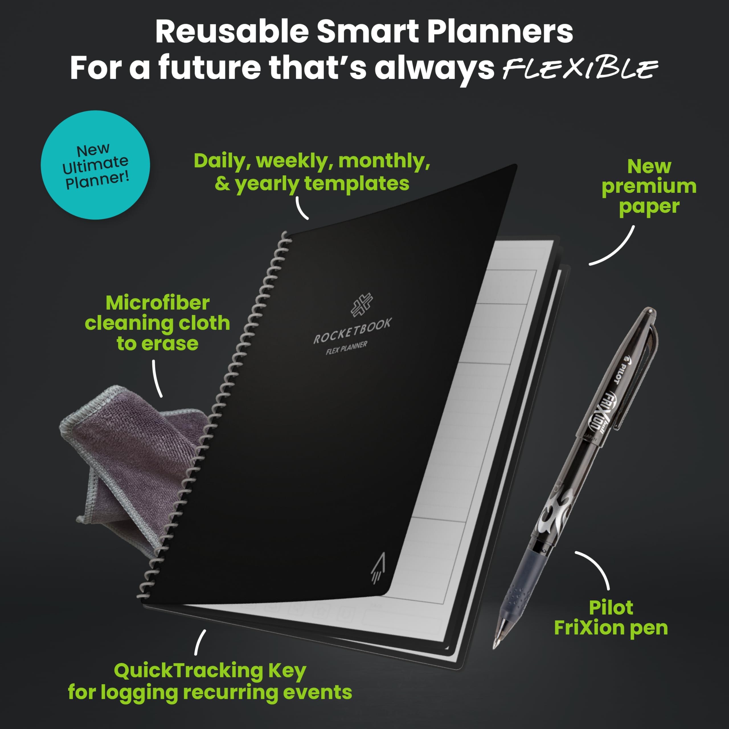 Rocketbook Flex Planner, riutilizzabile non datato intelligente, formato esecutivo 15,2 x 22,4 cm nero - Giornaliero, settimanale, mensile, calendario annuale, attività, obiettivi, pianificazione