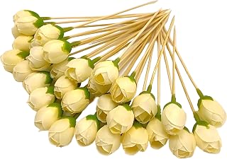 100pcs Champagne Flower Bud Toothpicks, 4.7 Inch Fancy Sticks for Appetizers, Handmade Bamboo Appetizer Fruit Skewers Food Picks for Wedding Valentines Holiday Party Decoration (Flower Bud Champagne)