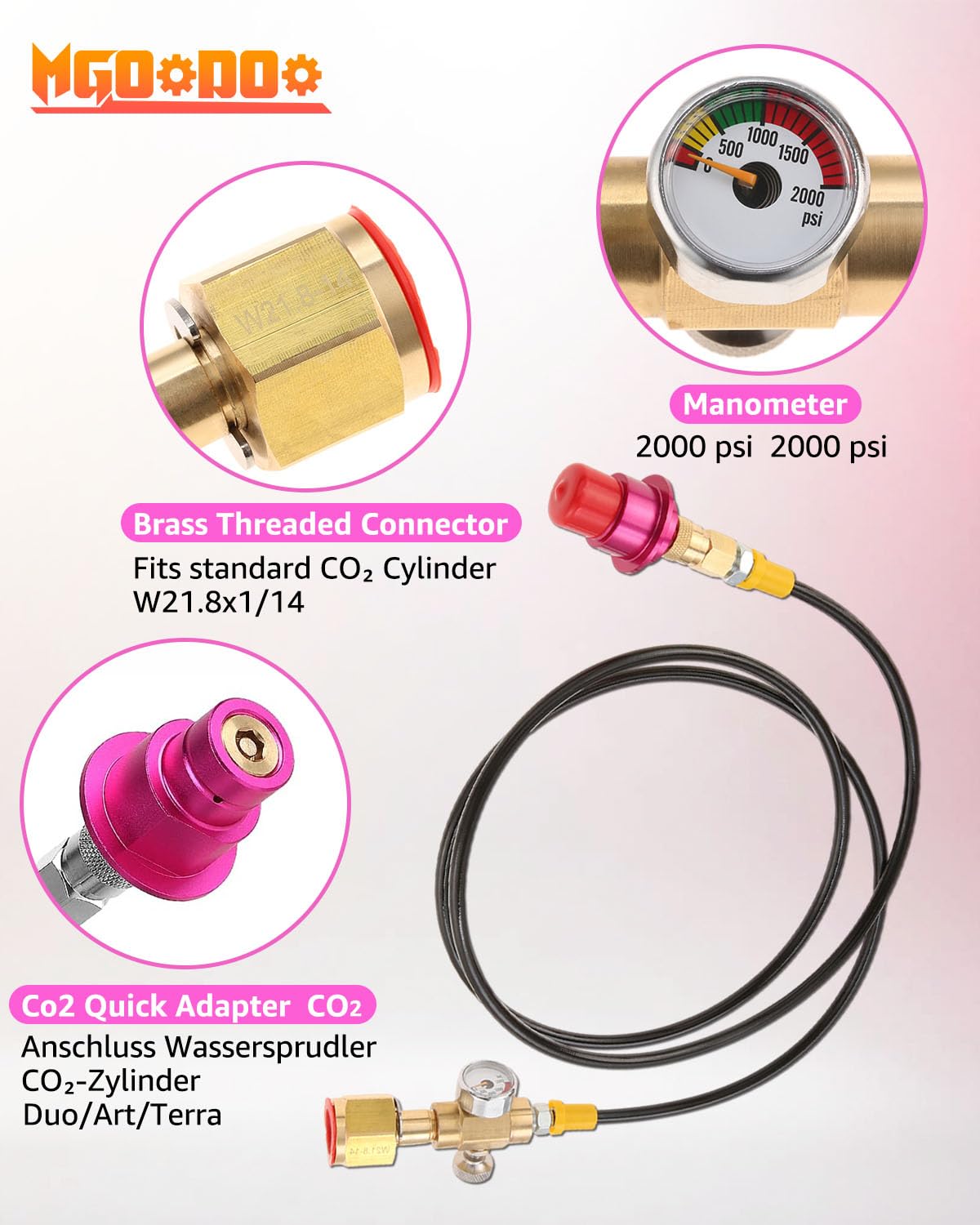 Adapter co2 Flasche Co2 Adapter Hochdruckschlauch, 1,5m, mit 2000psi Manometer, Messing und Aluminiumlegierung, für Wassersprudler Duo, Quick Connect QC und Terra