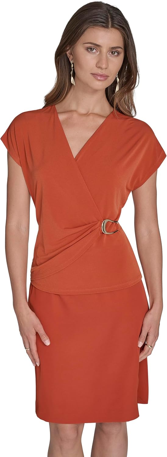 Halston Women's Short Sleeve Faux Wrap V-Neck Hardware Top