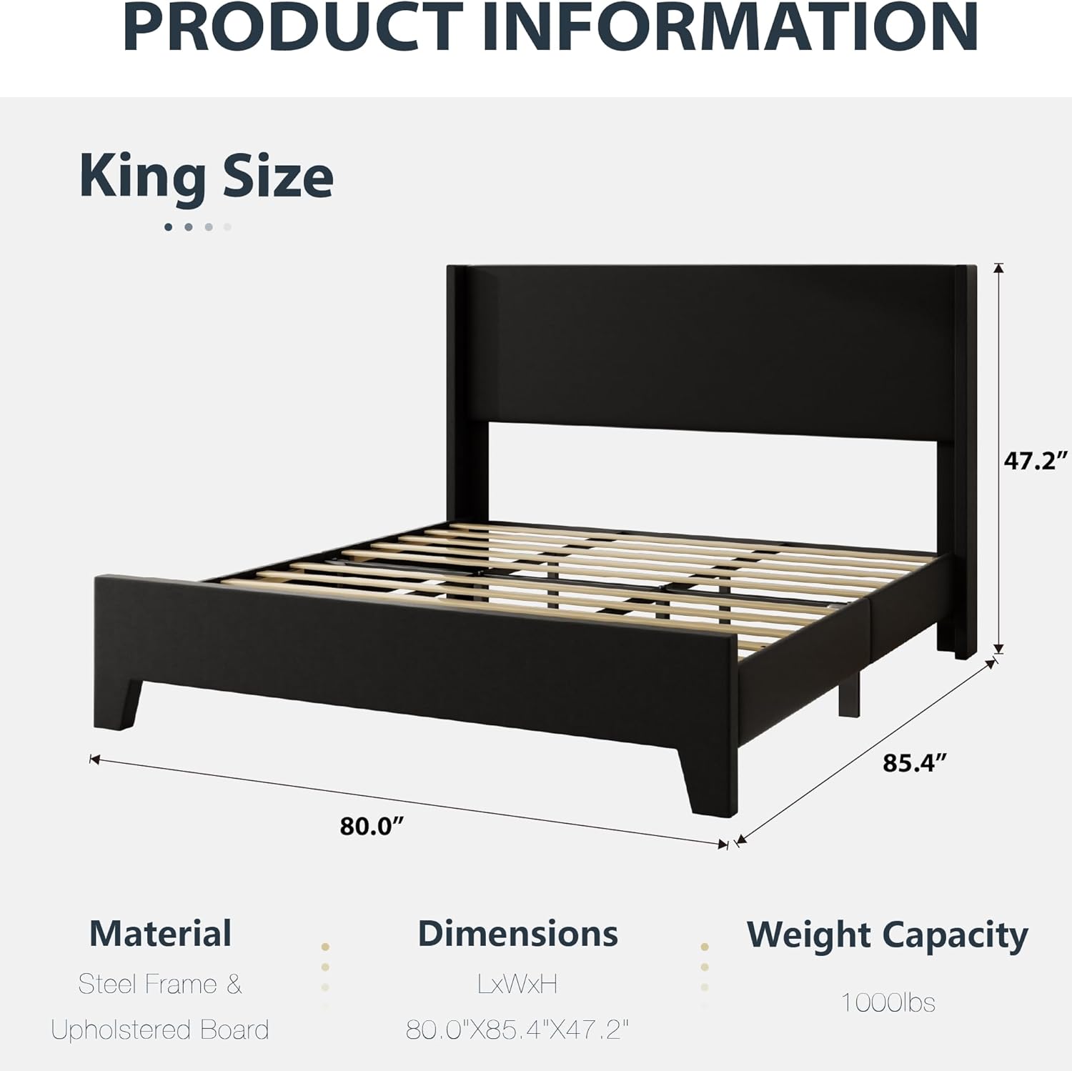 King Bed Frame with Faux Leather Upholstered Headboard, Wear-Resistant, Easy Clean, Mattress Foundation, No Box Spring Required, Easy Assembly, Black