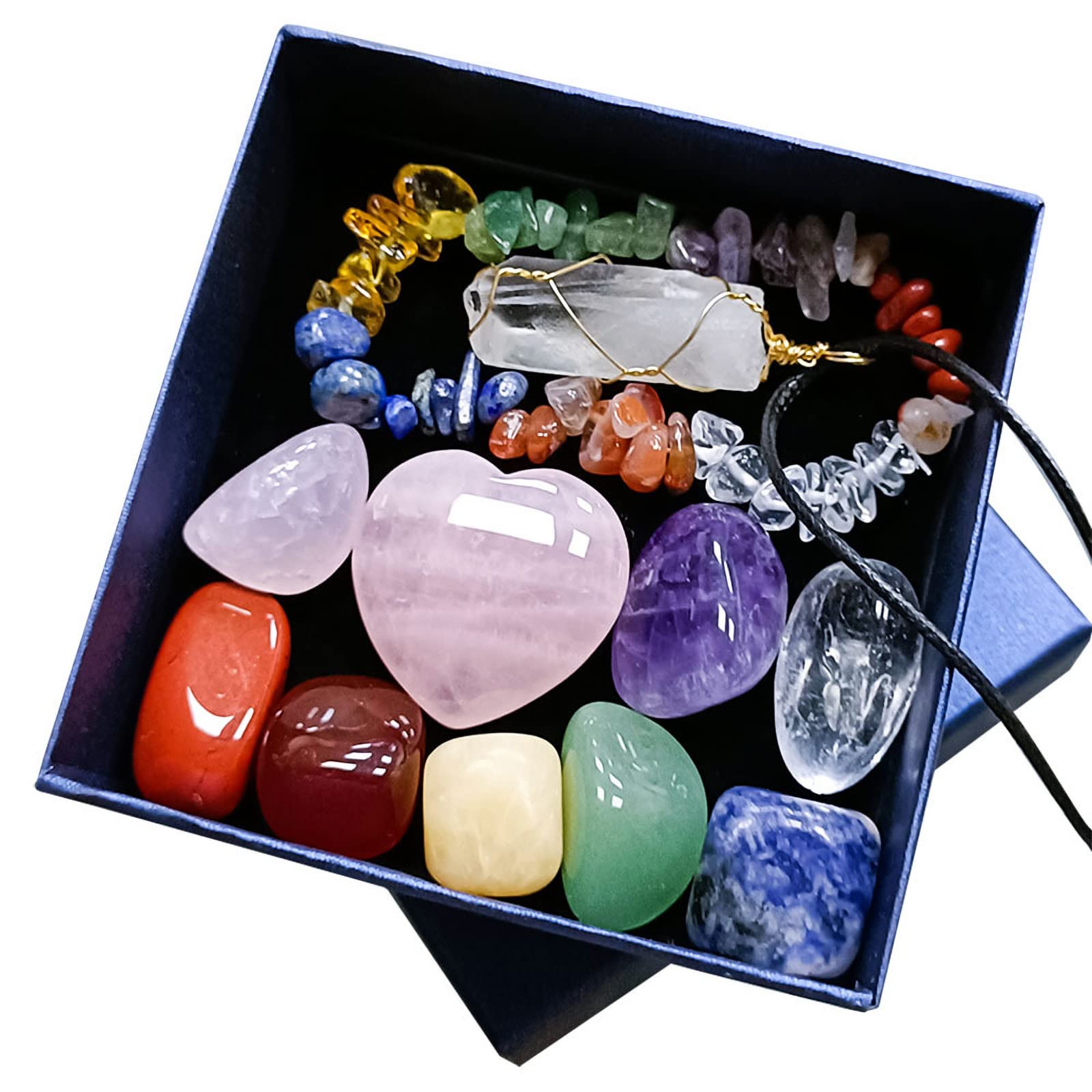 Healing Crystals Set, 11Pcs Natural Energy Gemstones Beginners Tumbled Chakra Crystal Raw Stone Spiritual Necklaces Bracelet Amethyst Rose Quartz Gravel Pendant Pack for Reiki, Yoga, Meditation