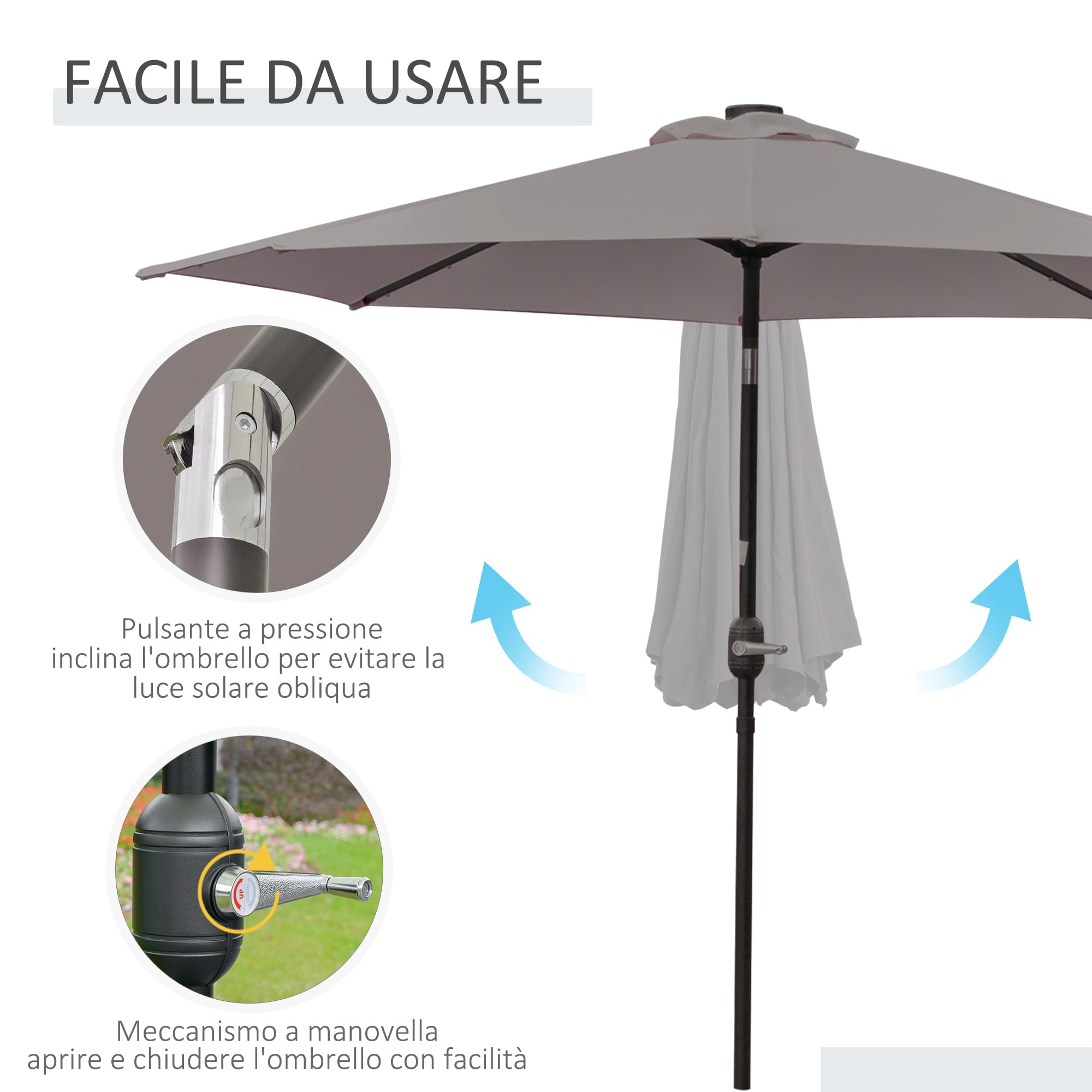 Outsunny Ombrellone da Giardino Inclinabile Ø265 cm con Manovella Grigio | 32 Luci LED Solari, Ombrellone da Esterno a 8 Stecche, Acciaio, Poliestere, Patio Cortile Balcone Terrazza