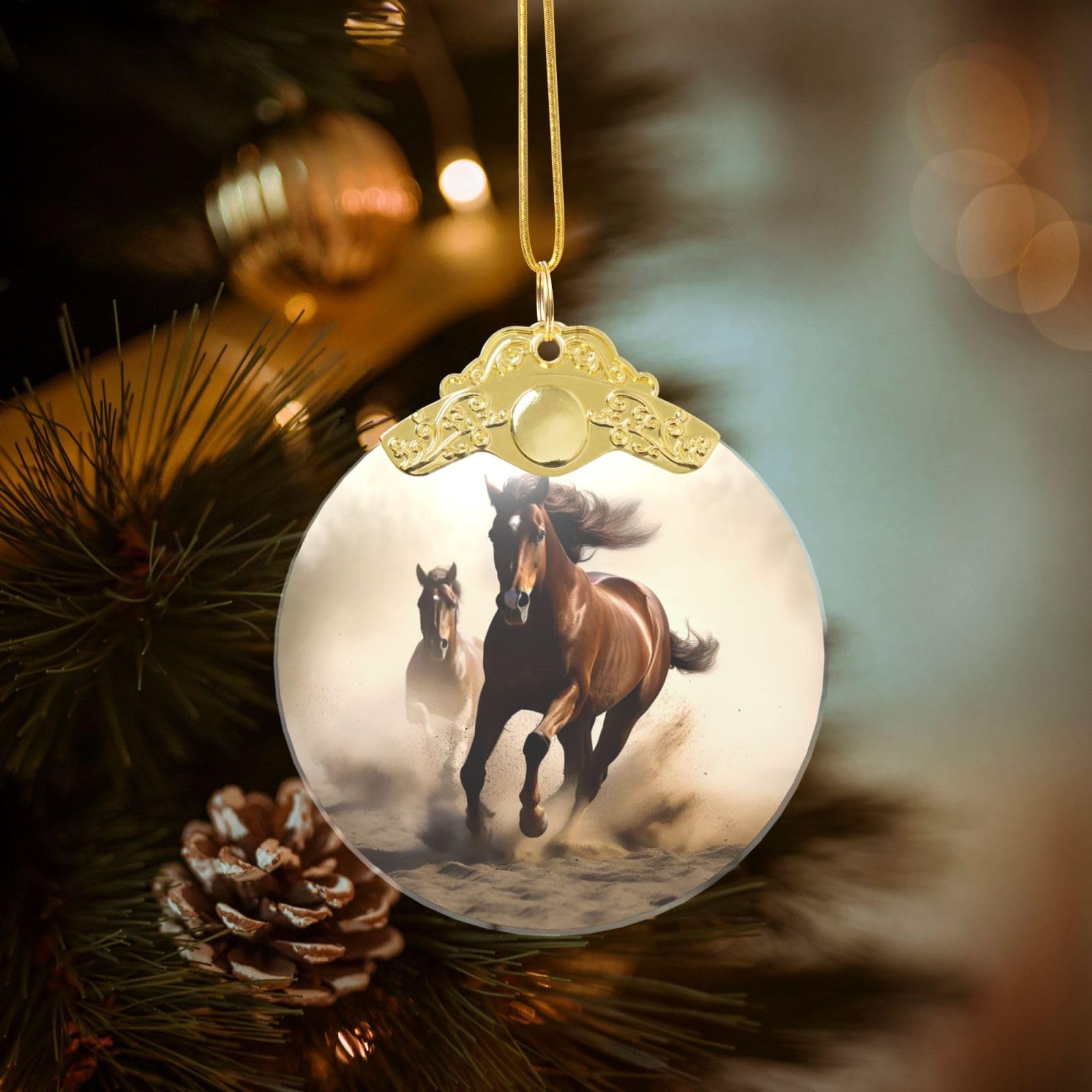 Crystal Christmas Ornaments for Christmas Tree Decoration Hanging Animals Horse Running Ornament with Gold Ribbon Crafts Round Pendant for Keepsake Gifts Glass Xmas Decor Party Supplies