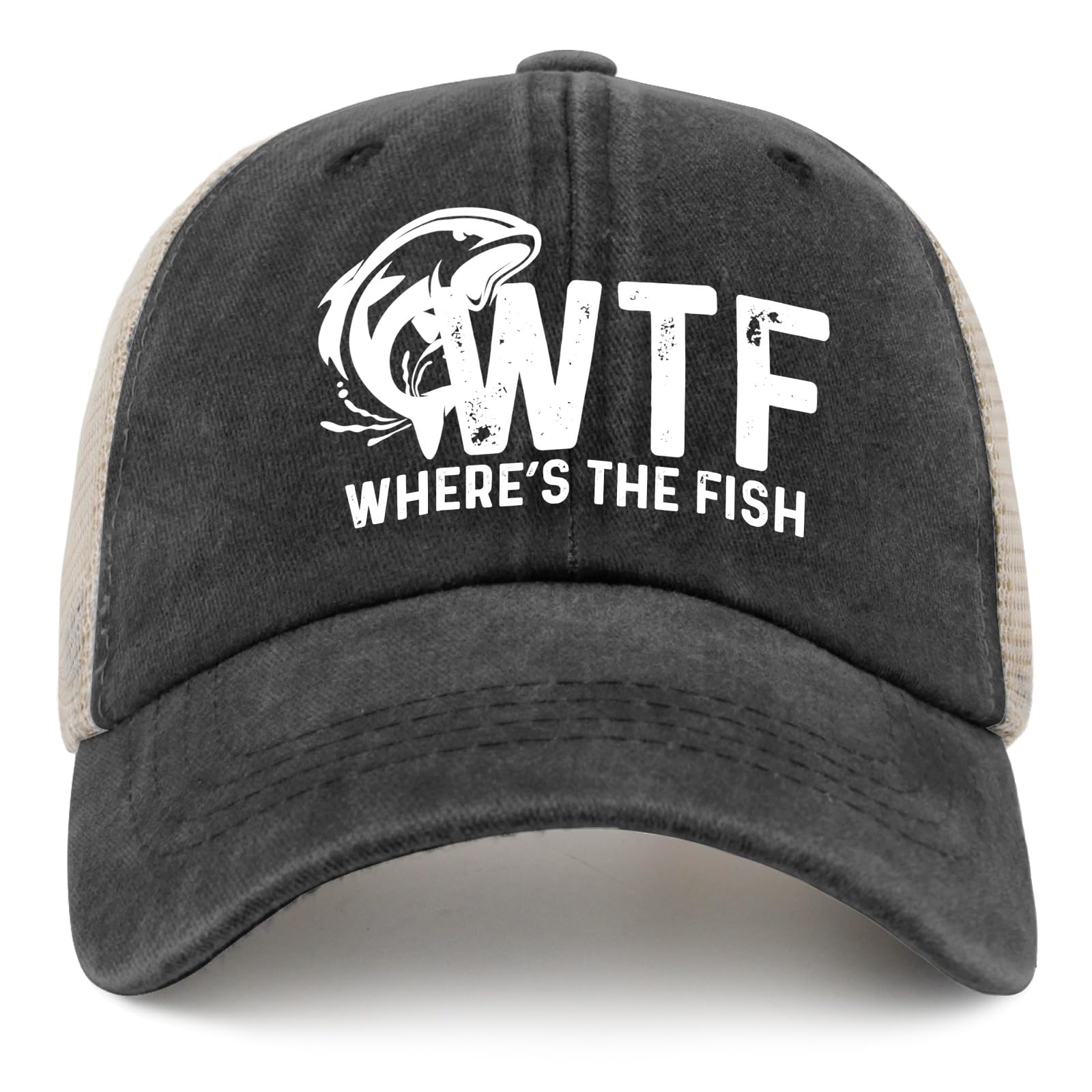 Nlwqekv Unisex Black Wtf Where's The Fish Hat Trucker Hat Men Trendy Mesh Cap For Summer