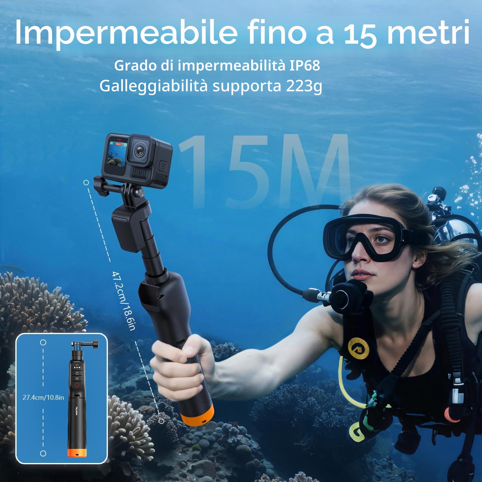 Manico galleggiante Selfie Stick Treppiede Impermeabile Estensibile Selfie Monopiede Maniglia con Telecomando Bluetooth per Go Pro Hero13 Black, Hero 12 11 10 9 8 Black Action Camera