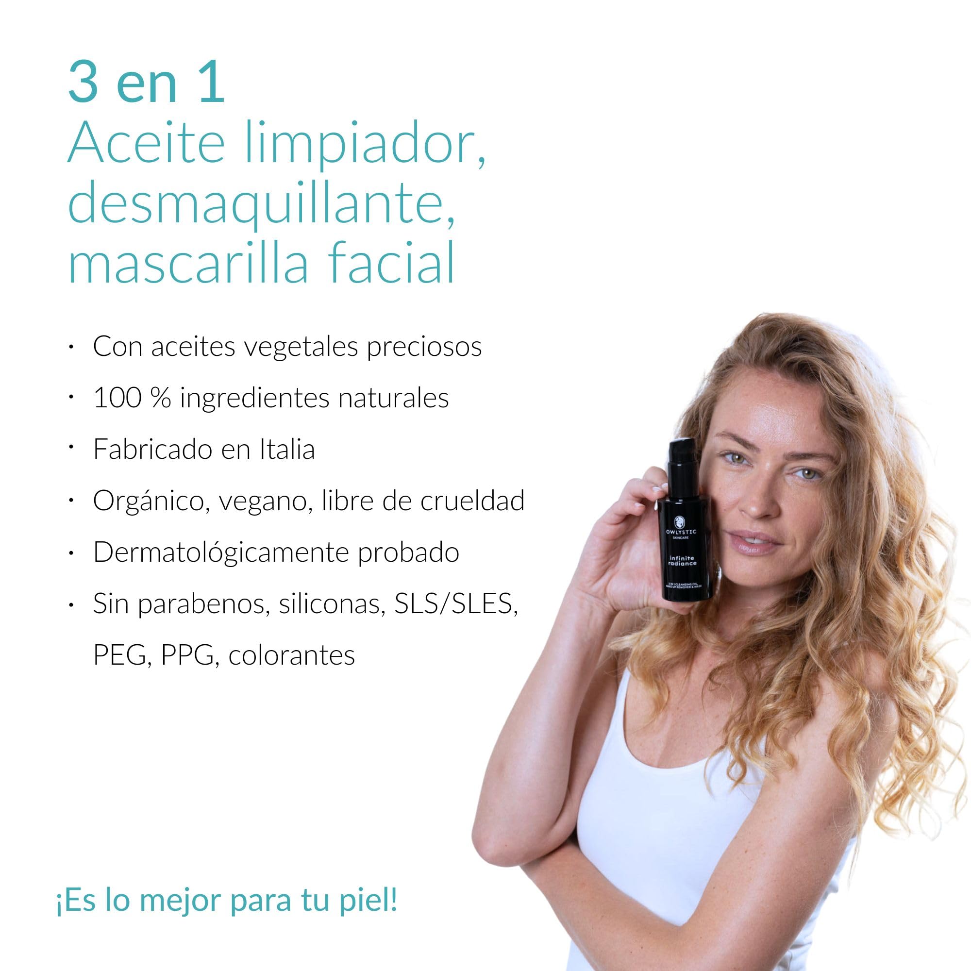 OWLYSTIC Aceite Limpiador Facial 3 en 1 - Mascarilla Limpiadora Desmaquillante - BIO Vegano 100% MADE IN ITALY - Aceite Desmaquillante Facial Delicado para Limpieza Profunda - Todo Tipo de Piel 150ml