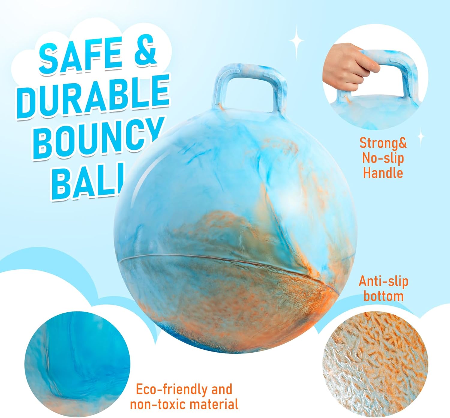 U&C Planet Hopper Ball,18 Inche Bouncy Ball with Handle for Kids Age 3-6, Clouds Hoppity Hop Sit and Bounce Jumping Ball with Pump & Gift Box, Great Birthday Gifts for Boys Girls