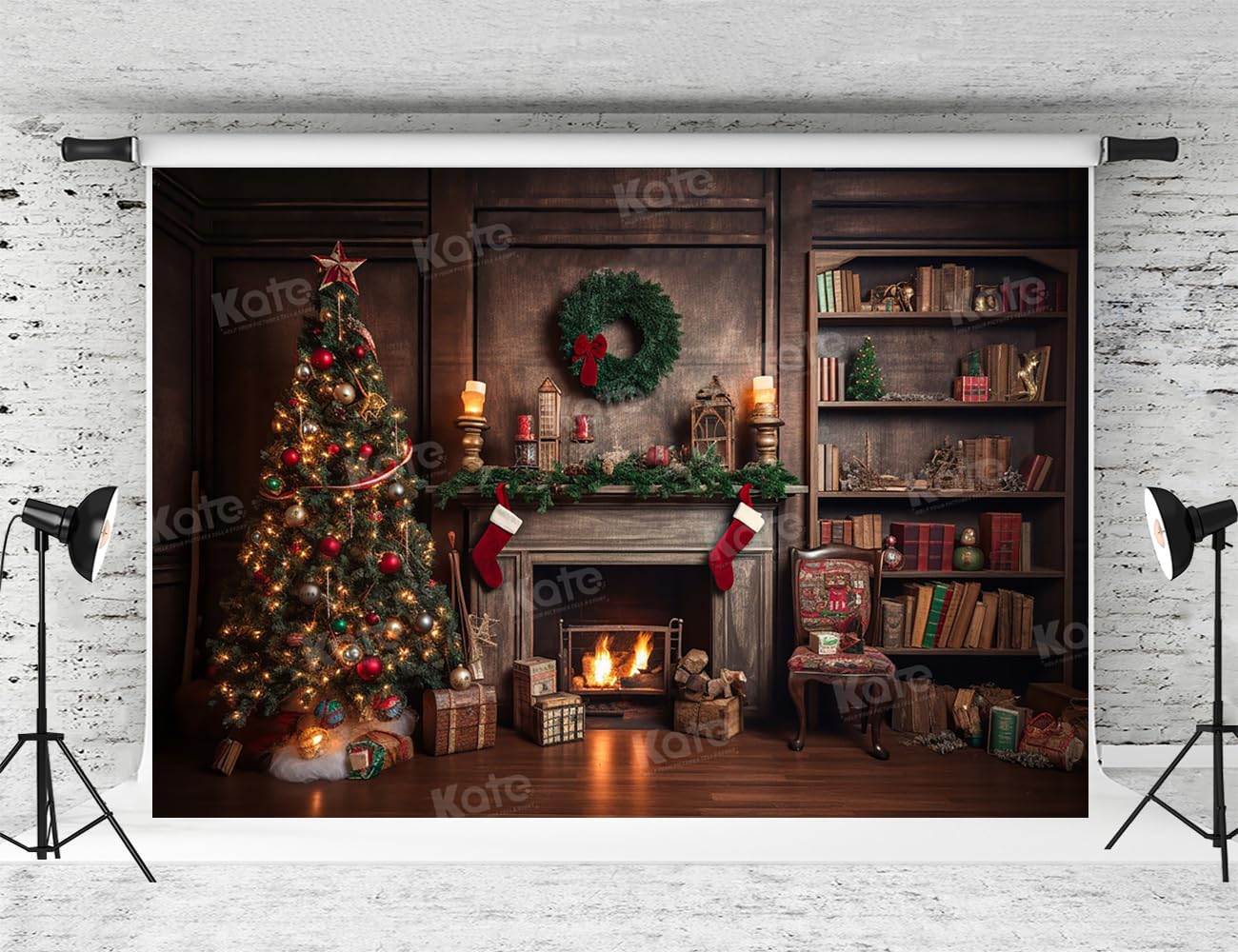 Kate Christmas Fireplace Backdrop for Photography Xmas Trees Retro Bookshelf Background for Home Party Photo Studio Props (7x5ft)