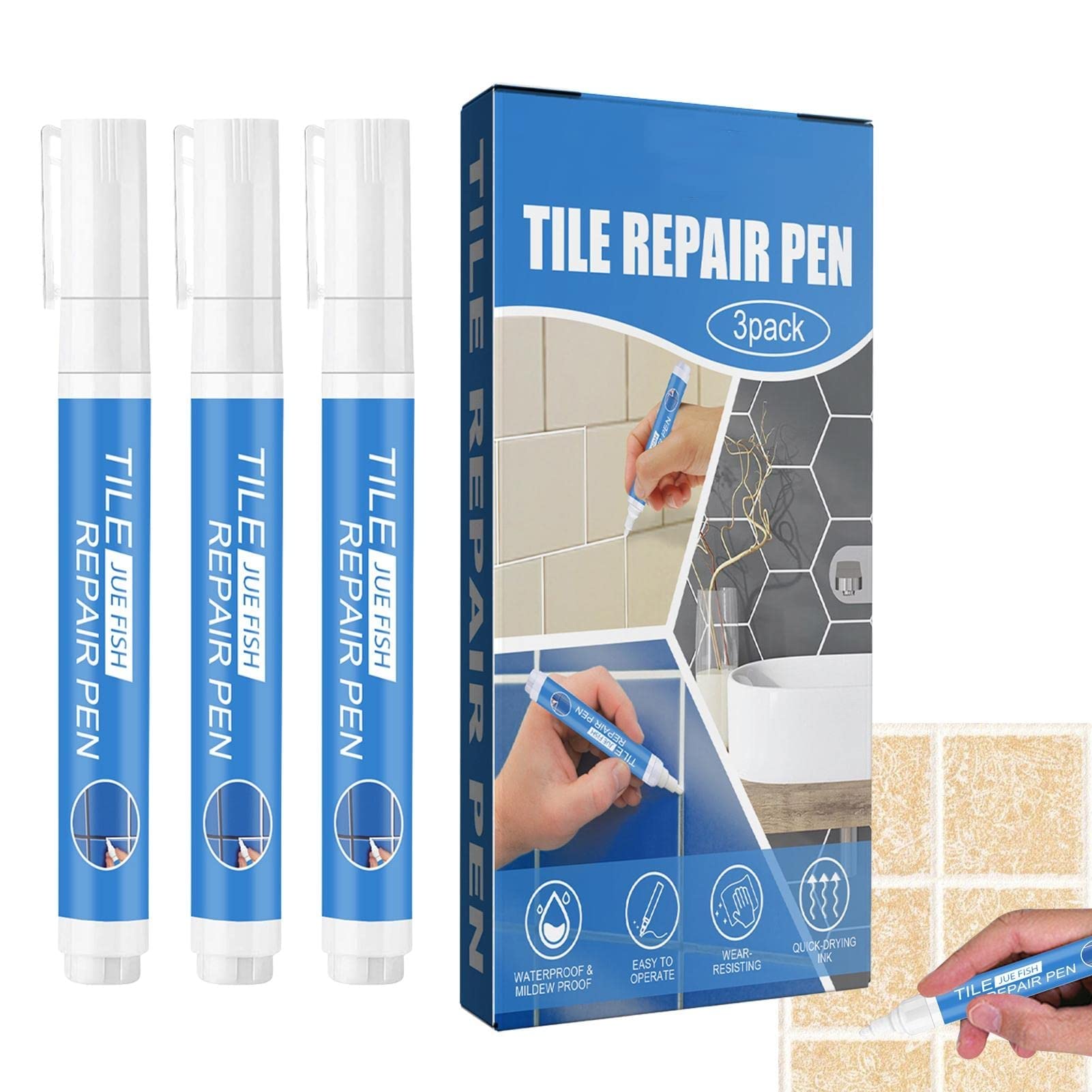 White Tile Paint Marker 3PCS, Grout Pen Waterproof Grout Colorant Grout Sealers Pen Quick Dry Grout Pen Grout Stain Pen Grout Reviver Pen for Kitchen Bathroom Wall Floor