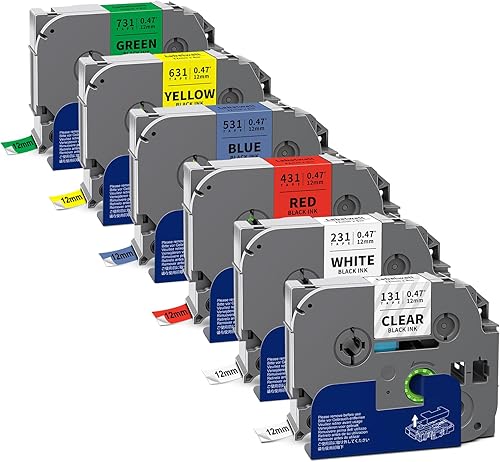 TZe - Paquete de 6 cintas laminadas multicolor de 0.472 in 0.47 compatibles con P Touch TZ TZe-231 131 431 531 631 para PTouch PT-H110 D210 D220