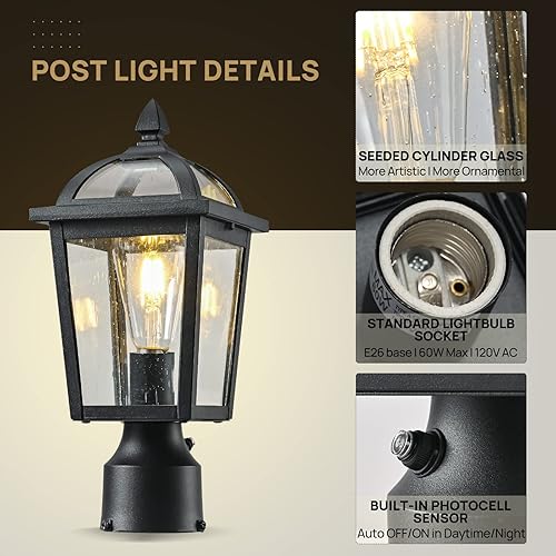 Miniatura 4 de Luz de poste para exteriores del atardecer al amanecer, lámpara de poste impermeable, lámpara de poste de luz exterior de vidrio sembrado negro mate