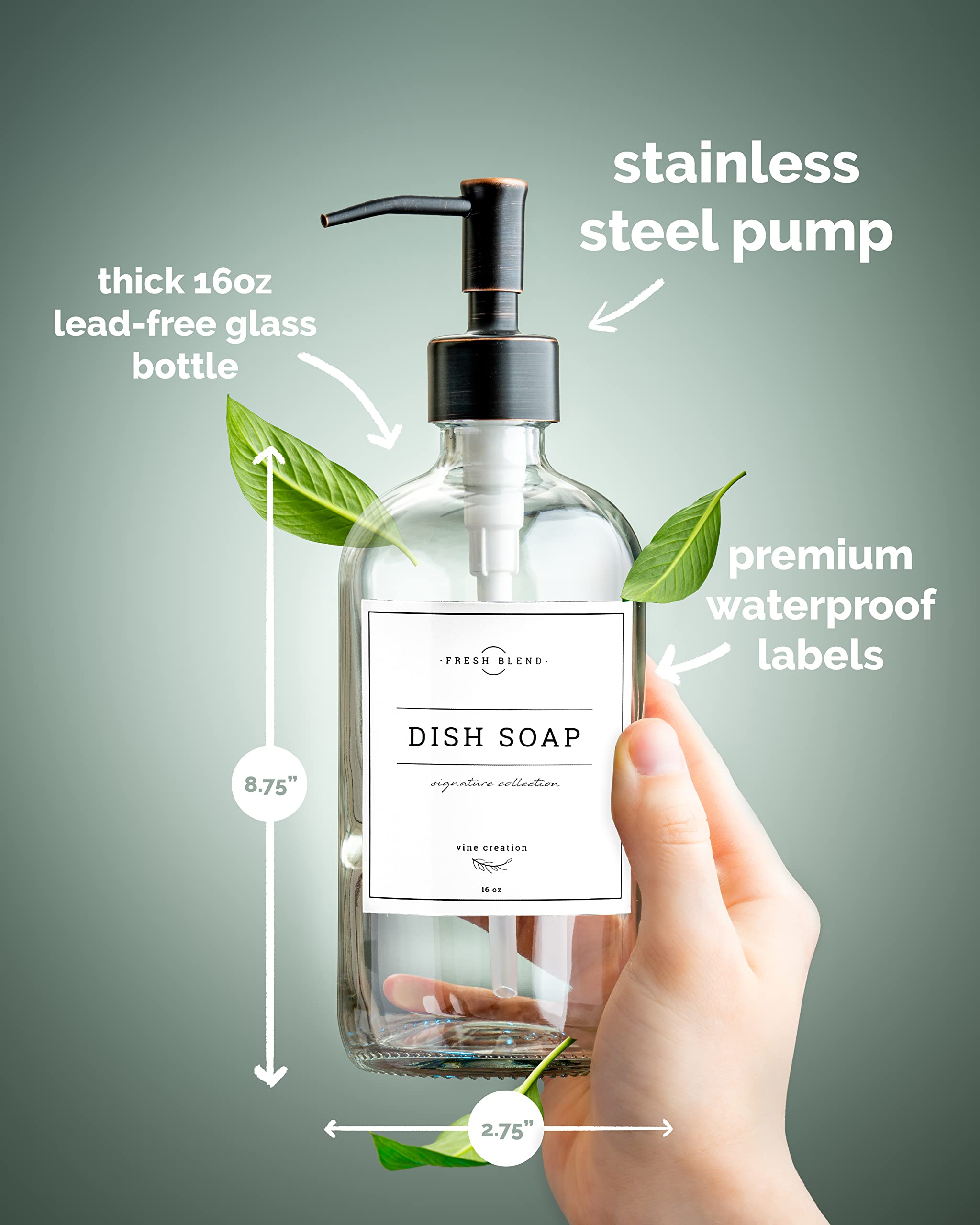 Vine Creations Clear Glass Soap Dispenser 2 Pack, Thick 16oz Bottles Rustproof Stainless Steel Pump, Kitchen Bathroom Accessories, Hand Soap Dish Soap Dispenser, Waterproof Labels (Oil Rubbed Bronze)