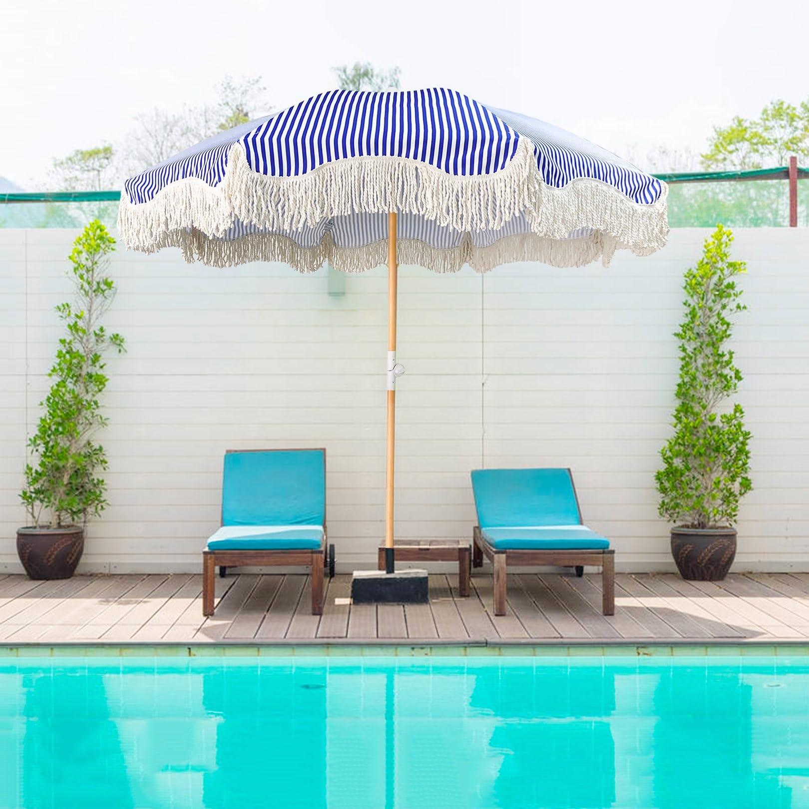 blue white striped patio umbrella Beach Umbrellas For Sand UV50+ 6ft With Fringe Outdoor Boho Umbrella Table Umbrella Heavy Duty Tilting Wood Pole Portable Pool Umbrella Windproof For Holiday Deck Crafted with attention to size-162 Icaro Grid Black Velvet Size:12'