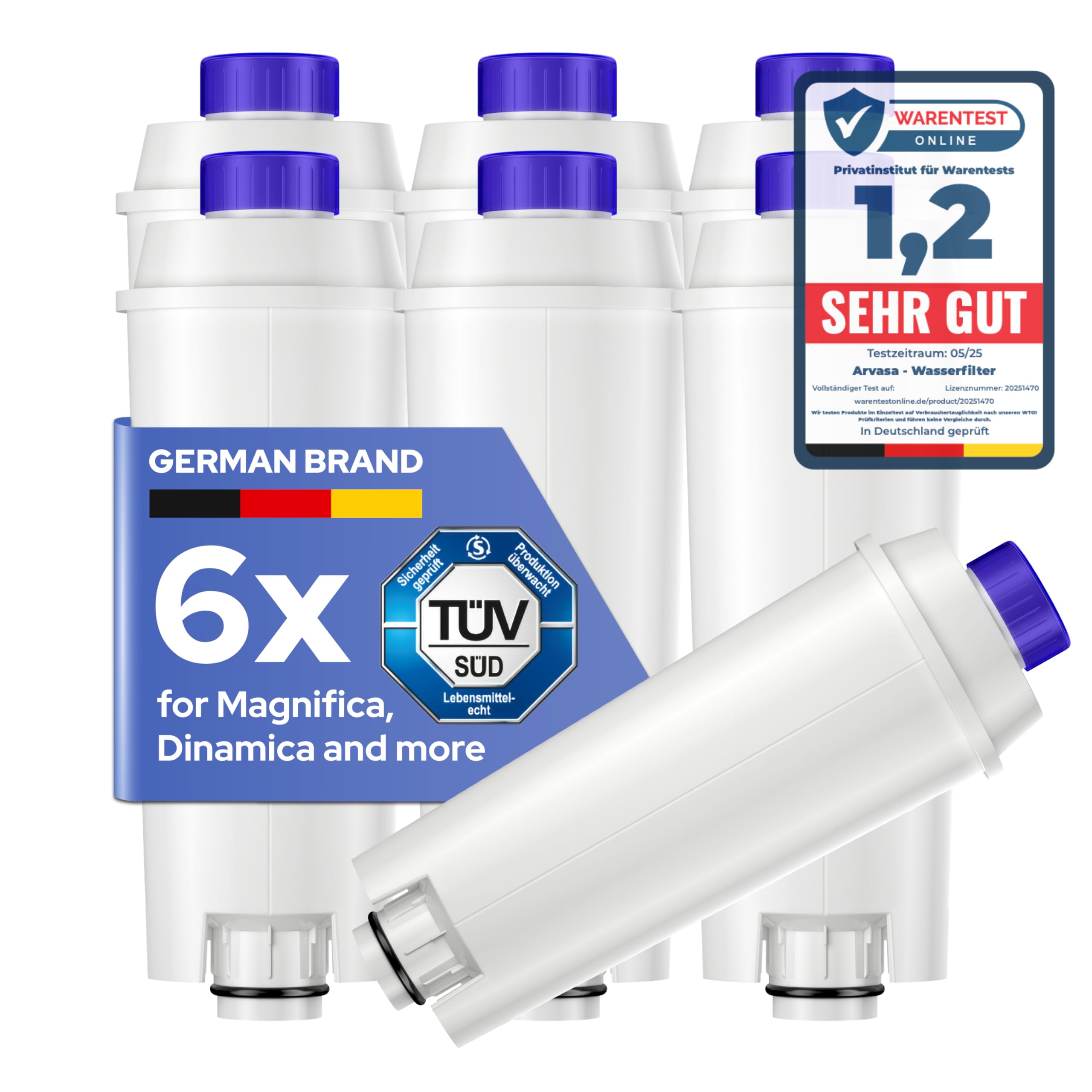 MILUX 6X Replacement for DeLonghi Water Filters - for DeLonghi Magnifica Evo & S, Dinamica (Plus), Primadonna, Eletta Explorer - for De Longhi Water Filters for Coffee Machines and Espresso Machines