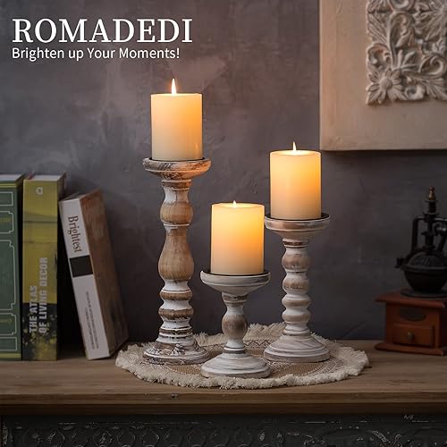 Miniatura 2 de Romadedi - Portavelas para velas de pilar Juego de 3 candelabros decorativos de madera, soporte de vela de madera rústico para chimenea, estante de