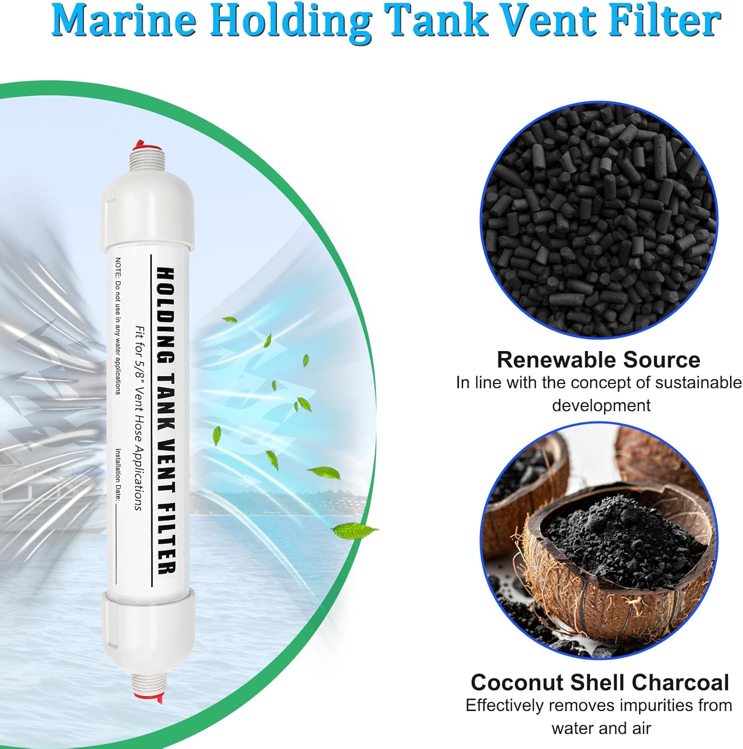 Marine Holding Tank Vent Filter, 5/8" Holding Tank Vent Filter, Compatible with Dometic ECO DVF Sealand SaniGuard, Fits Original Mounting Brackets, Highly Adsorbent Coconut Shell Carbon