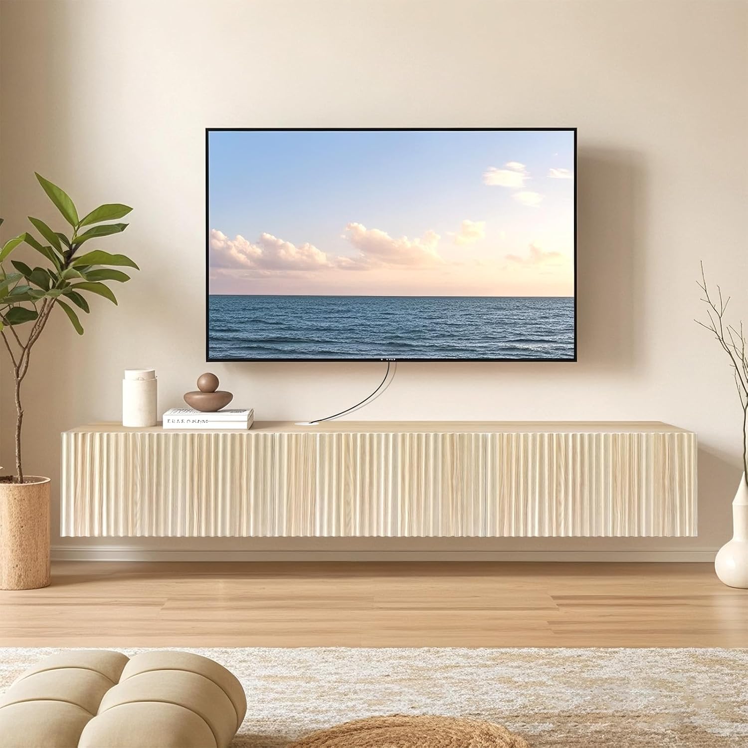 Floating TV Stand, Modern Wall Mount Entertainment Center TV Shelf, 70.7" Media Console Under TV Storage Cabinet with Fluted Doors, TV Consoles for Living Room, Floating Cabinet for Wall (Walnut)