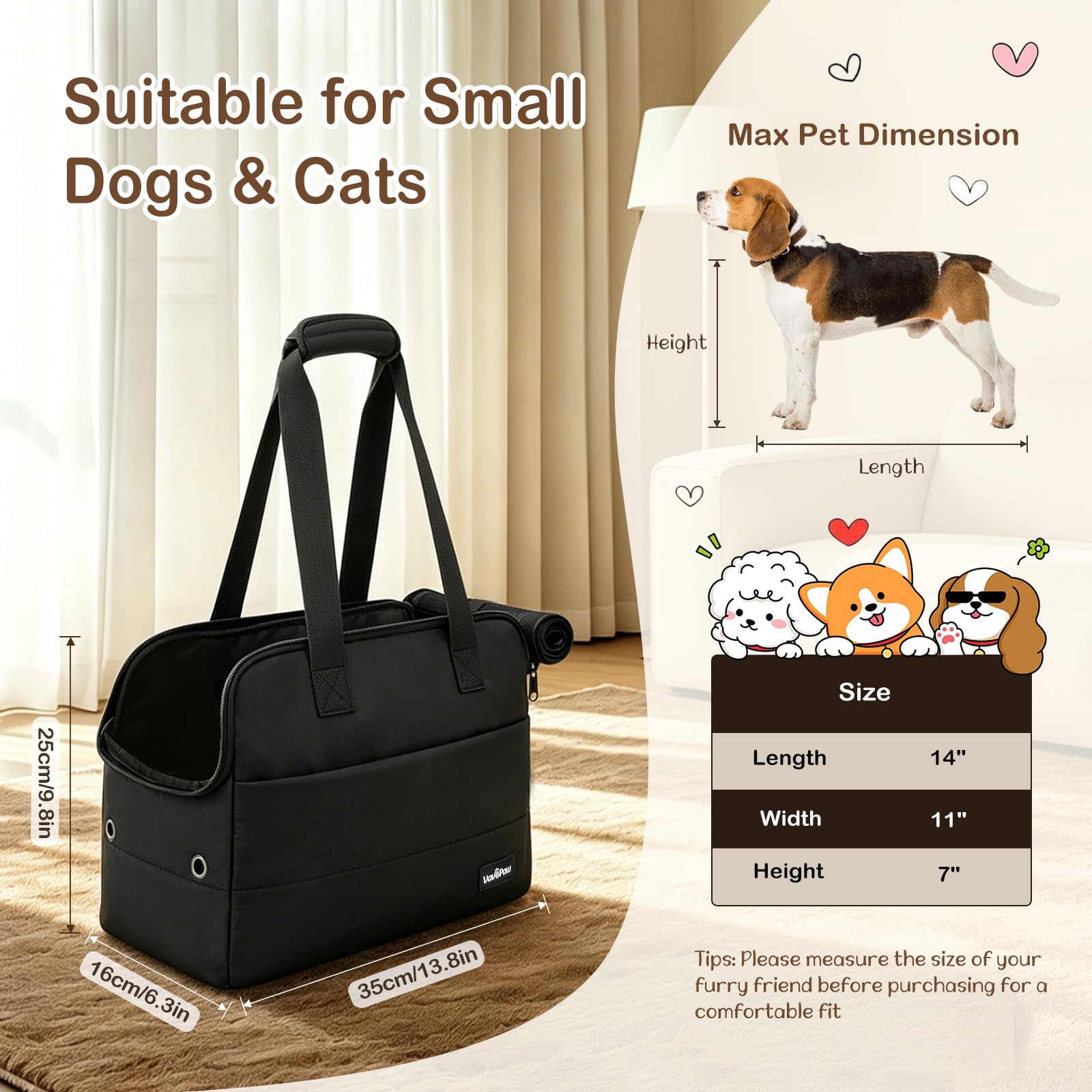 Bolso Transportín para Perros Pequeños, 15" X 11" X 7,9" Transportín De Viaje para Mascotas con Almohadilla De Apoyo, Ganchos De Seguridad, Múltiples Bolsillos, Transportín Blando para Gatos, Negro