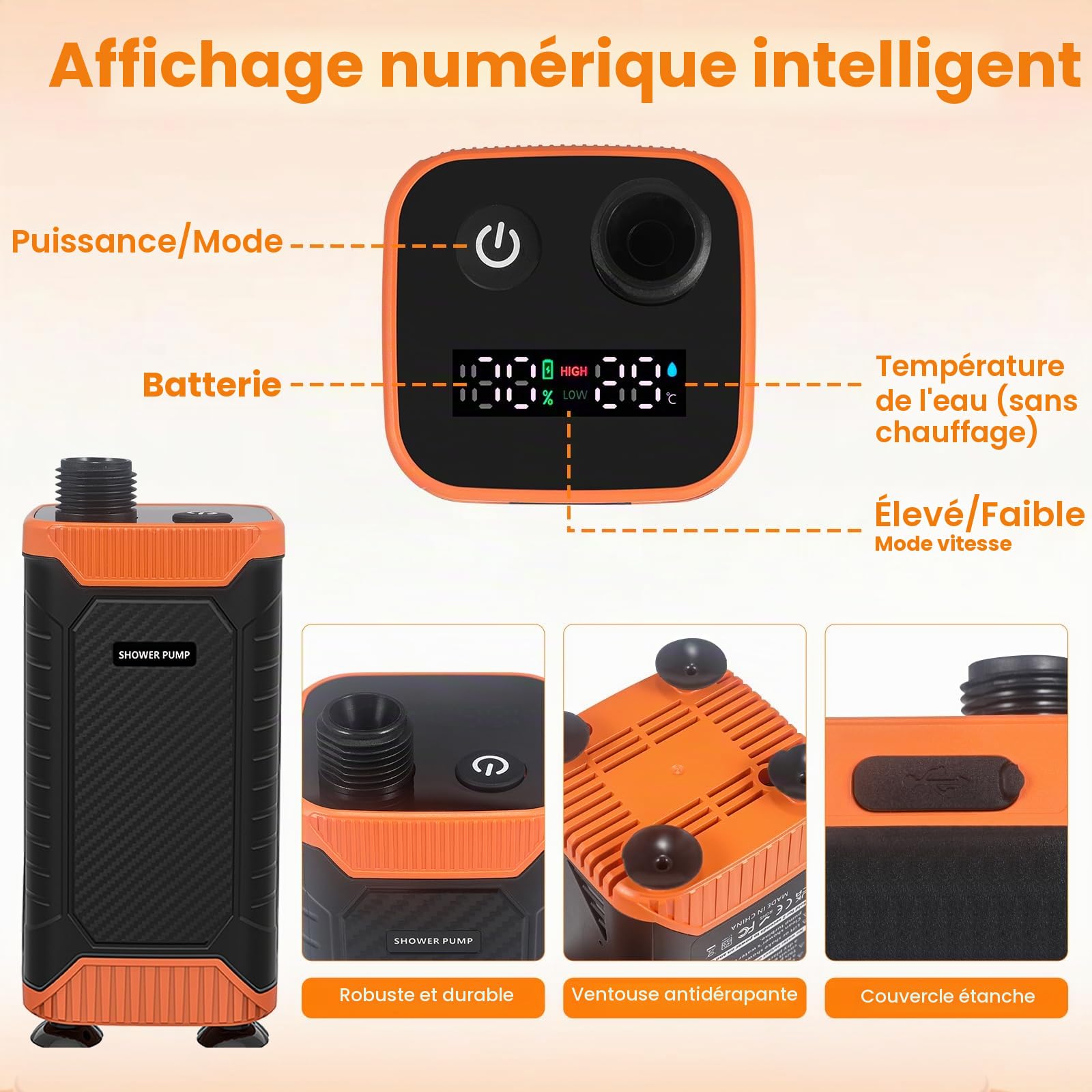 Douche de Camping, 8000mAh Douche Portable avec Pomme de Douche Filtrante, Pompe de Douche Électrique Rechargeable Étanche IPX8, Kit Douche Exterieur pour Camping, Animaux, Randonnée, Voyage