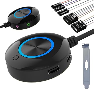 TUMASTER PC Power Button Desktop PC Computer Case Power Switch On Off Key 2USB+Audio+Restart Key Computer Host Button D-02-Black