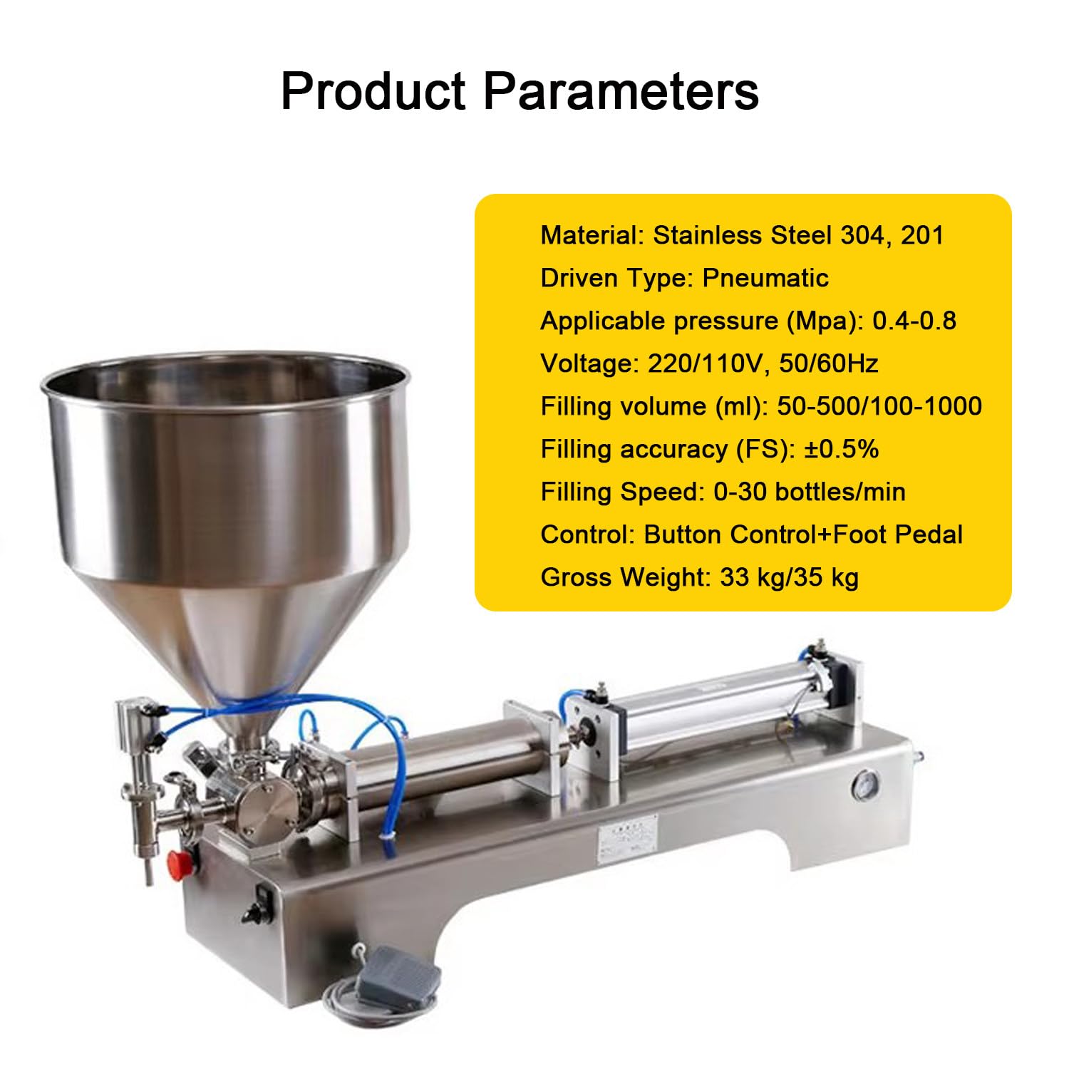 Riempitrice Pneumatica Orizzontale per Pasta Liquida, Macchina Riempitrice per Pasta da 50-500 ml/100-1000 ml con Tramoggia da 30 L per Crema, Shampoo, Miele, Dentifricio, Olio, Salsa,100-1000ml