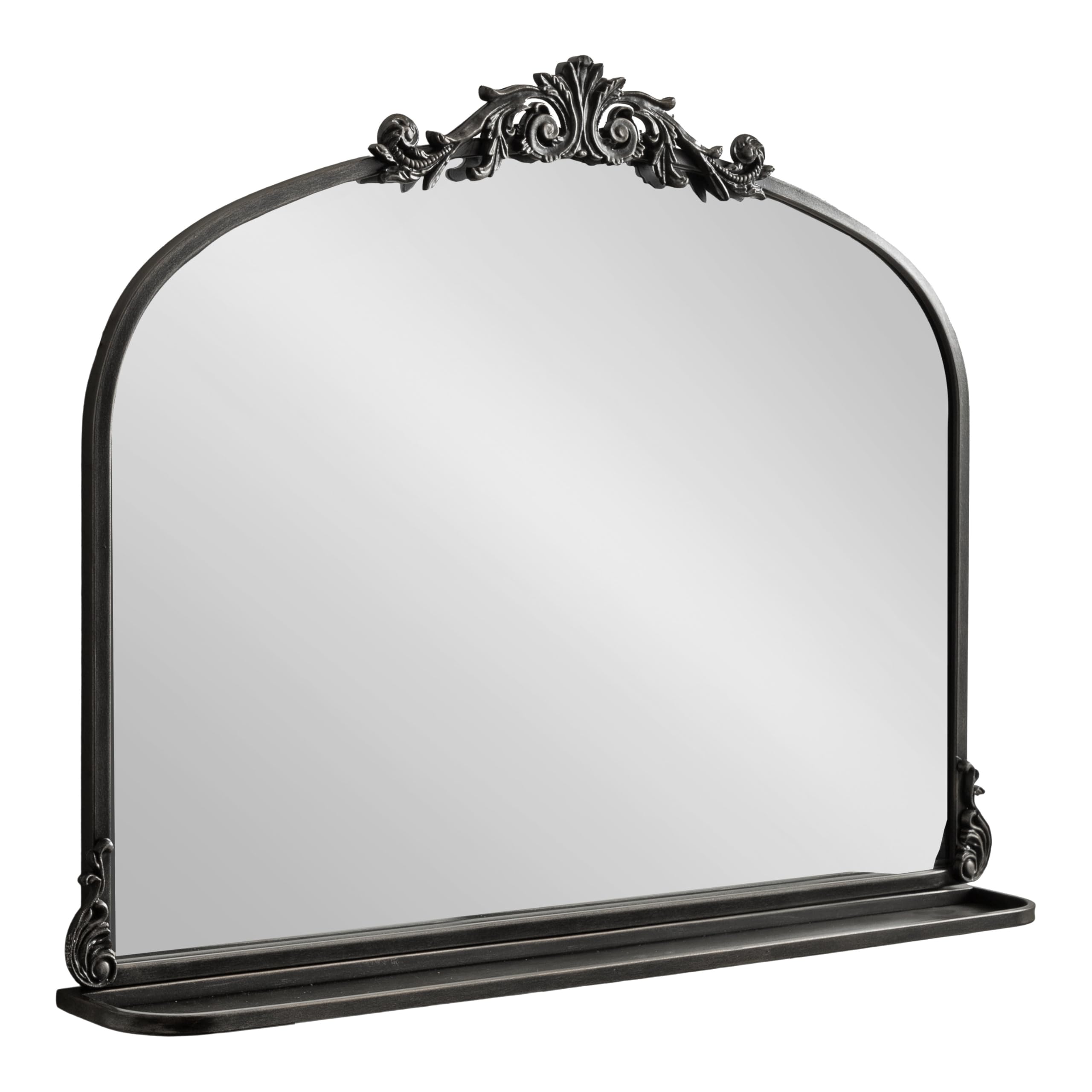 Arendahl Traditional Vintage Arch Mirror with Shelf; 33 x 26; Black; Baroque Antique Arched Wall Mirror with Functional Shelf for Use as Vanity Bathroom Mirror or Cute Nursery Mirror