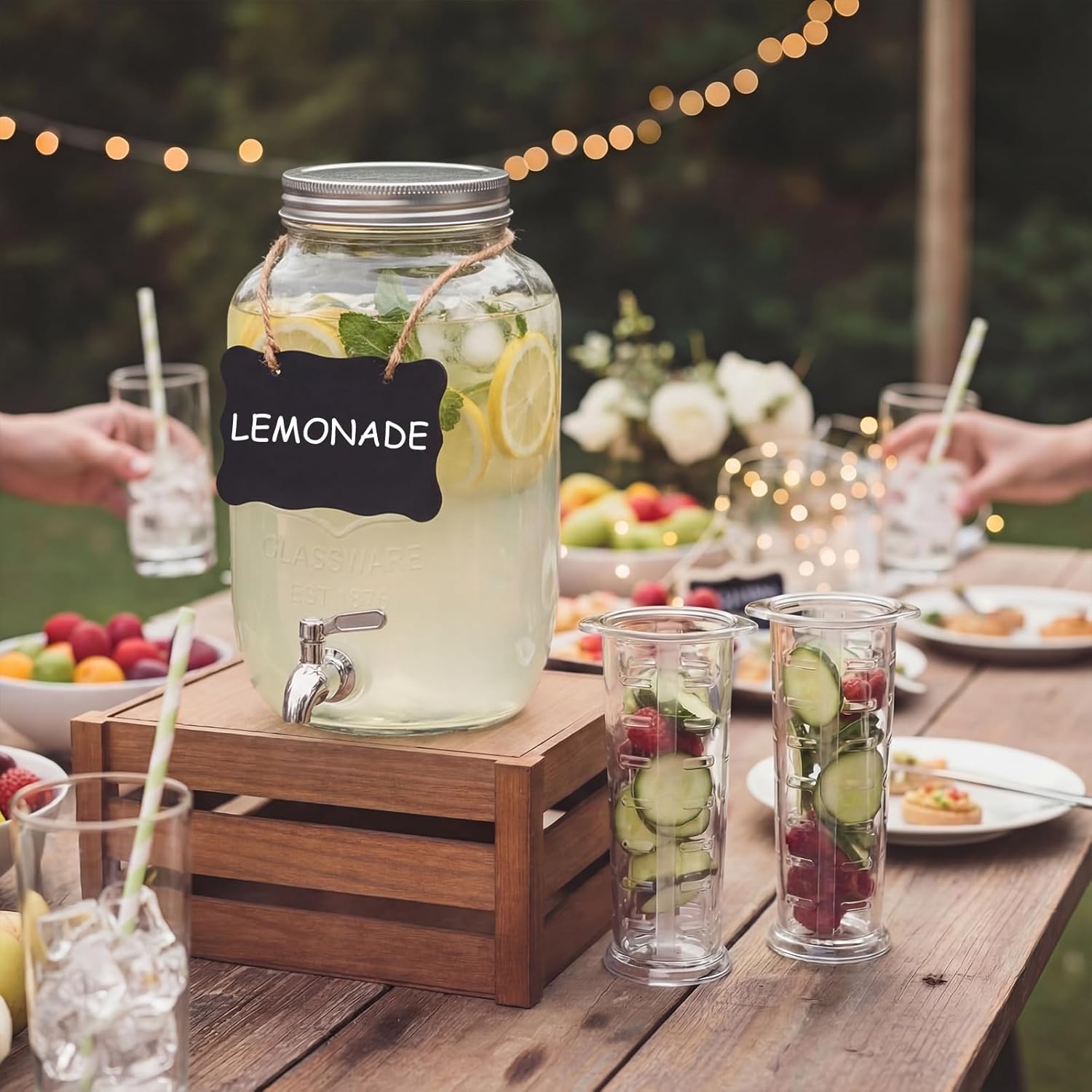 2 Pack 1 Gallon Glass Drink Dispensers for Parties, Beverage Dispenser with Stand Wooden Box, Fruit Infuser, Spigot, Chalkboard Labels and Pen for Party Picnic Wedding Bars BBQ