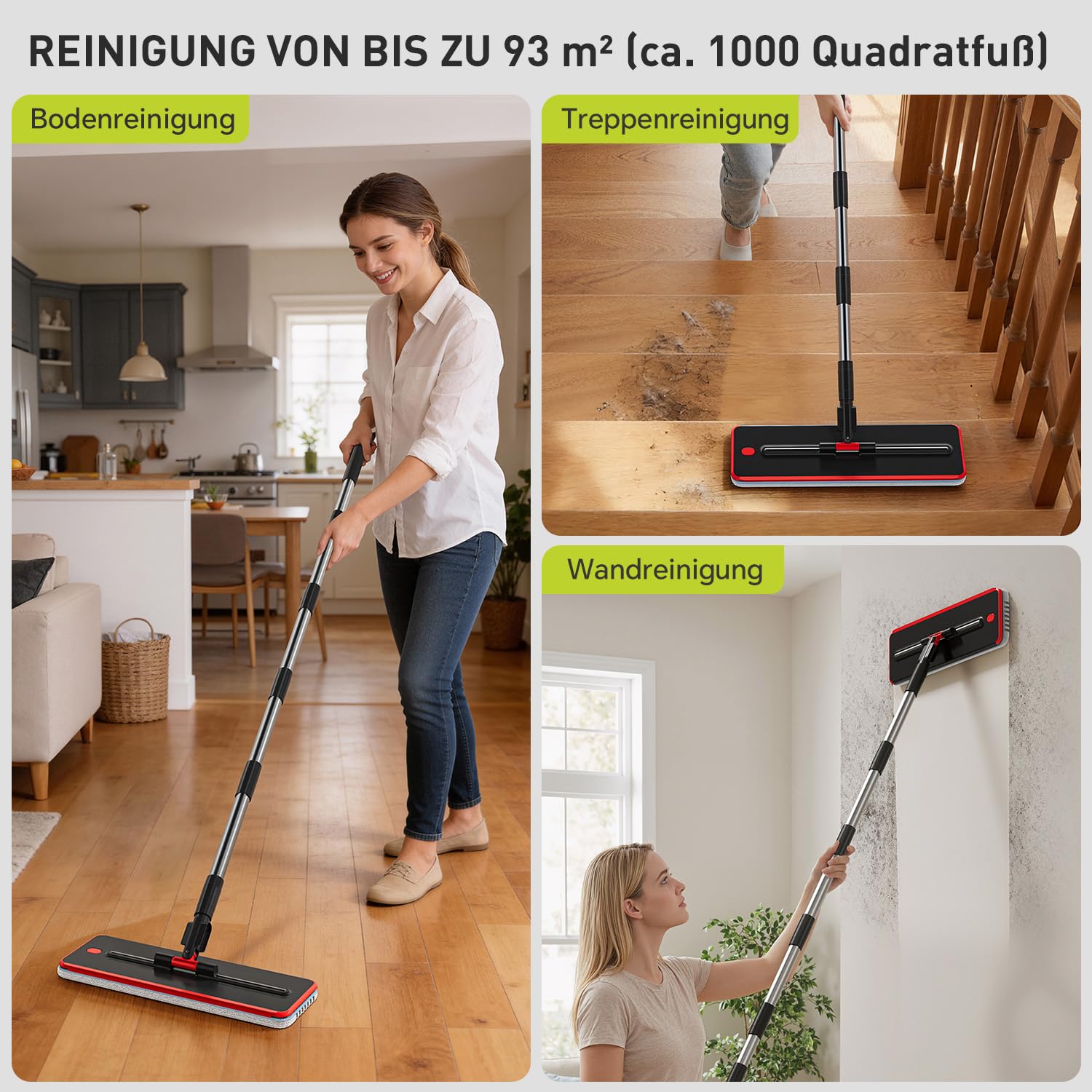 Homettler Transparentes Mopp- und Eimer-Set mit getrennten Behältern für Schmutz- und Sauberes Wasser, 165 cm Langer Flachmopp zur Bodenreinigung, 4 Mikrofaser-Pads für Holz und Fliesen