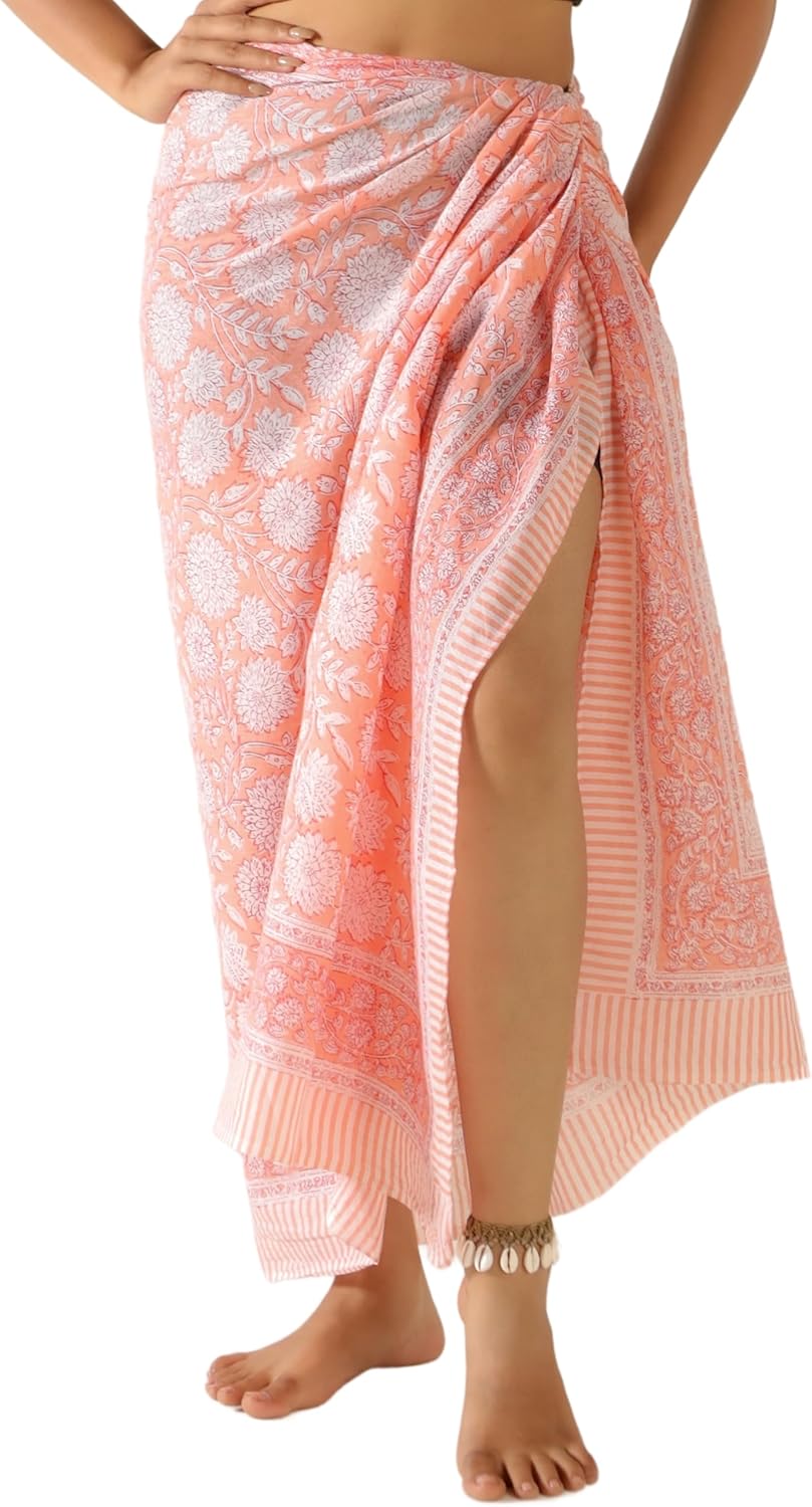 100% Cotton Sarong Coverup for Women Indian Hand Block Print Swimsuit Pareo Wrap Skirt Beach Bikini Cover Up Long (73" x 43")