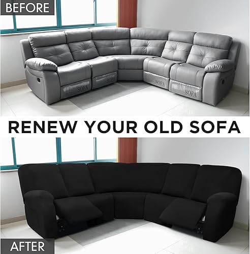 Miniatura 4 de Peryiter 7 fundas para sofá reclinable seccional en forma de L, fundas de sofá modular de 5 asientos, terciopelo de seda lechosa, funda elástica