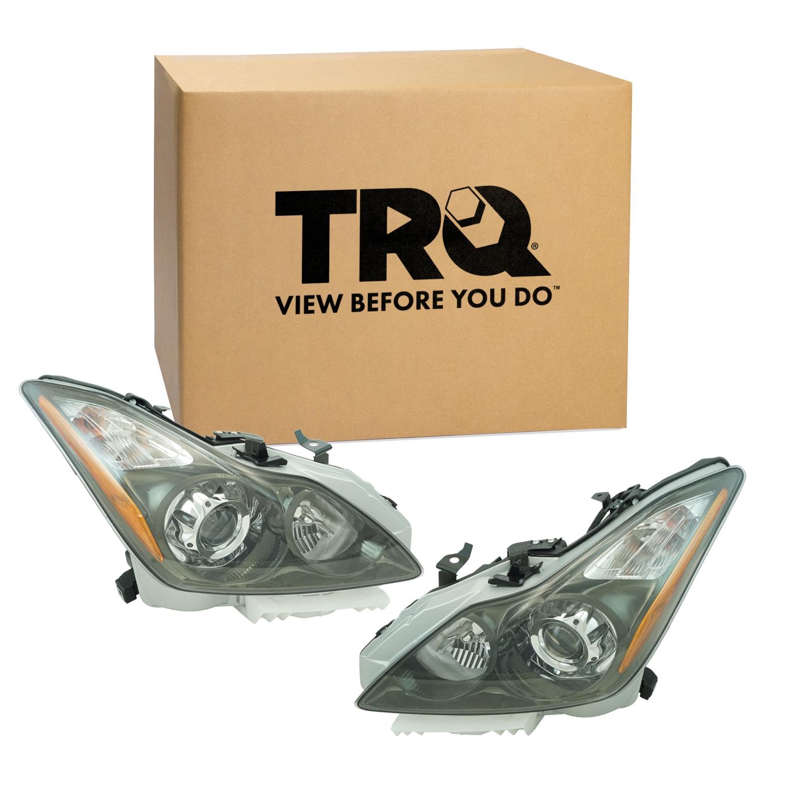 TRQ 2 Piece Headlight Assembly Set Titanium Light Bezel Driver &amp; Passenger Side Compatible with Infiniti G37 2011-2013 Q60 2014-2015 IN2502148 IN2503148 260101NL0B 260601NL0B
