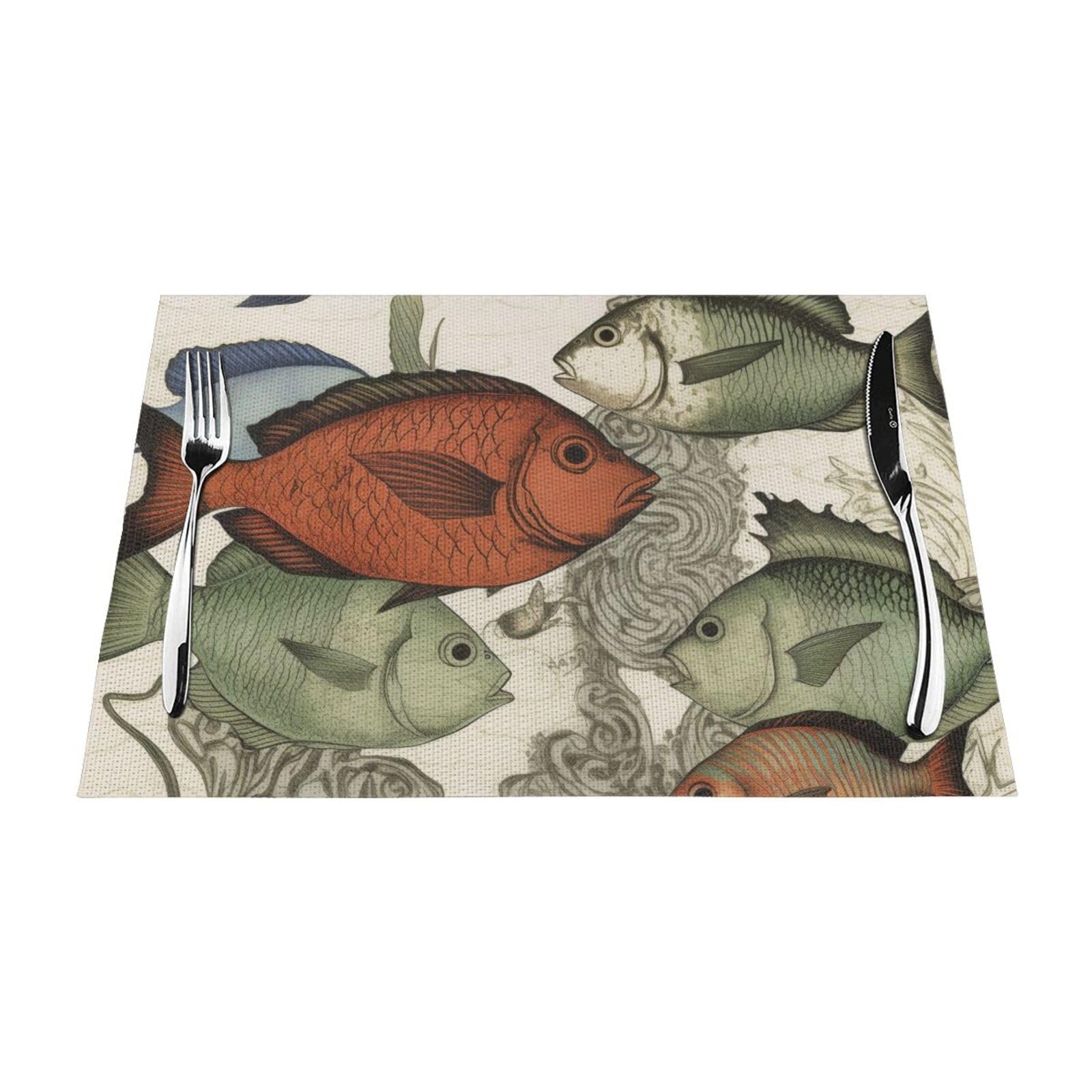 Fish Printed PVC Placemat 6 PCS for Kitchen Dining Table Heat-resistand Washable Table Mats 18x12 in
