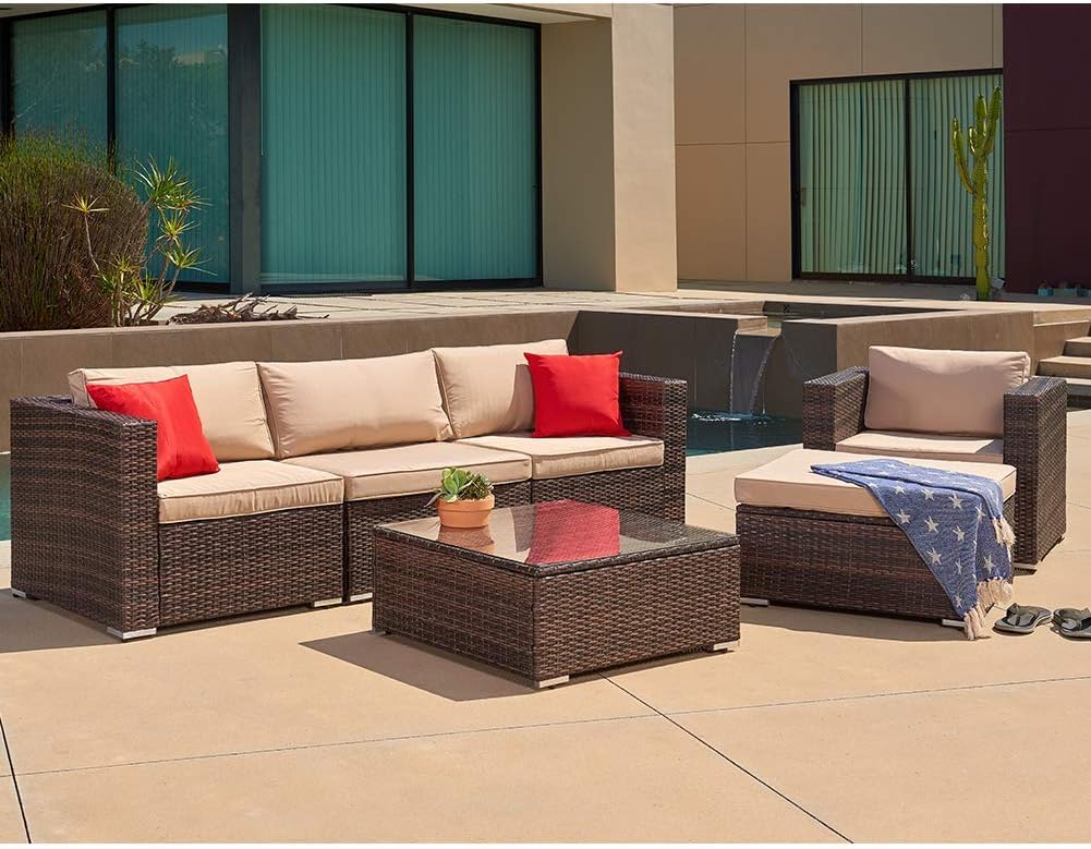 SUNCROWN 4-Piece Outdoor Patio Wicker Furniture Sofa Set, Sectional Conversation Set with Cushions & Tempered Glass Table