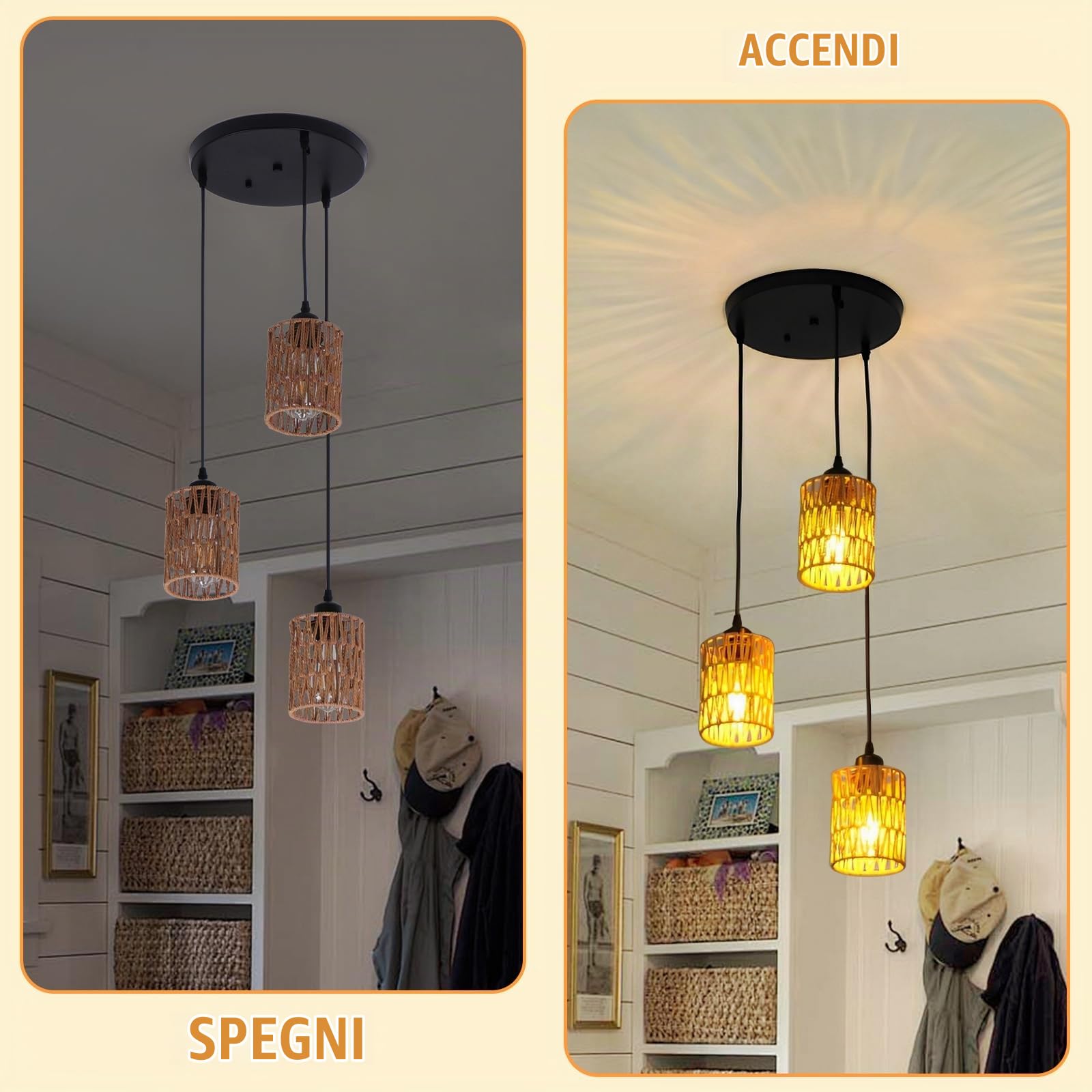 Lampade a Sospensione 3 Luci a Rattan, Retrò Paglia da Soffitto | Boho Lampadario Cucina, Attacco E26, Cavo del Ciondolo Regolabile, Lampadina non Inclusa, per Soggiorno Camera da Letto-Nero