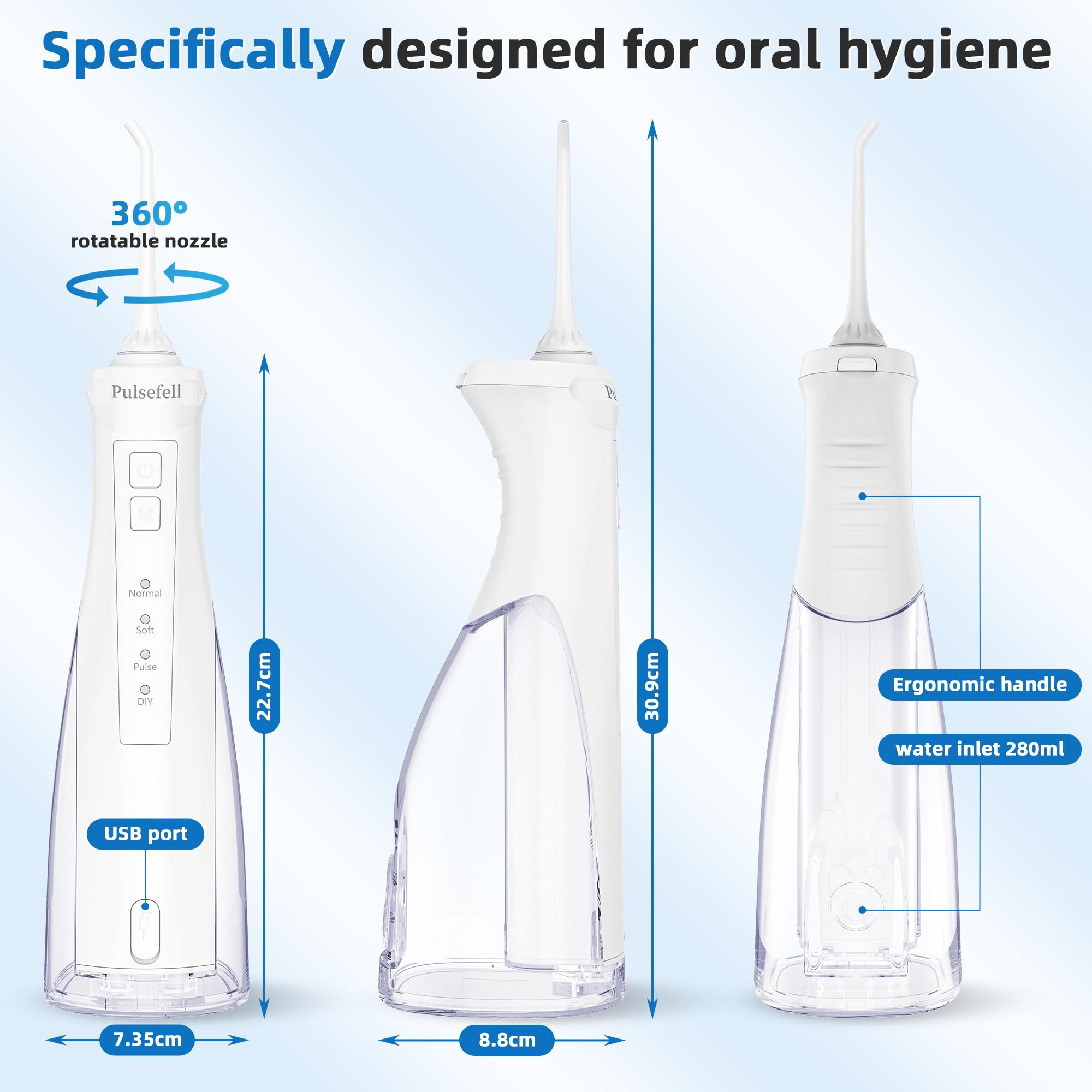 Jet Dentaire Hydropulseur Portable, 300 ML USB Rechargeable Sans Fil Hydropulseur Dentaire avec 4 Embouts et 4 Modes, étanche IPX7 Water Flosser pour Domicile et en Voyage (Blanc)
