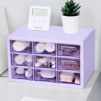 Desk Storage Organizer with 9 Drawers, Clear Plastic Storage Cabinet, Stackable Desk Storage Box for Makeup Office Craft Hardware Art Supplies,9.8x6.3x5.9inch Purple
