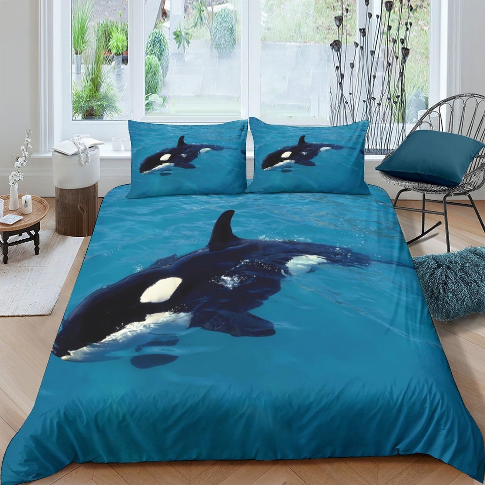 TUFRTGYHN 3D Printed Orca Ocean Duvet Cover Set Microfiber Soft Breathable Whale Quilt Cover with 2 Pillowcases for Bedroom Decor Single（135x200cm）