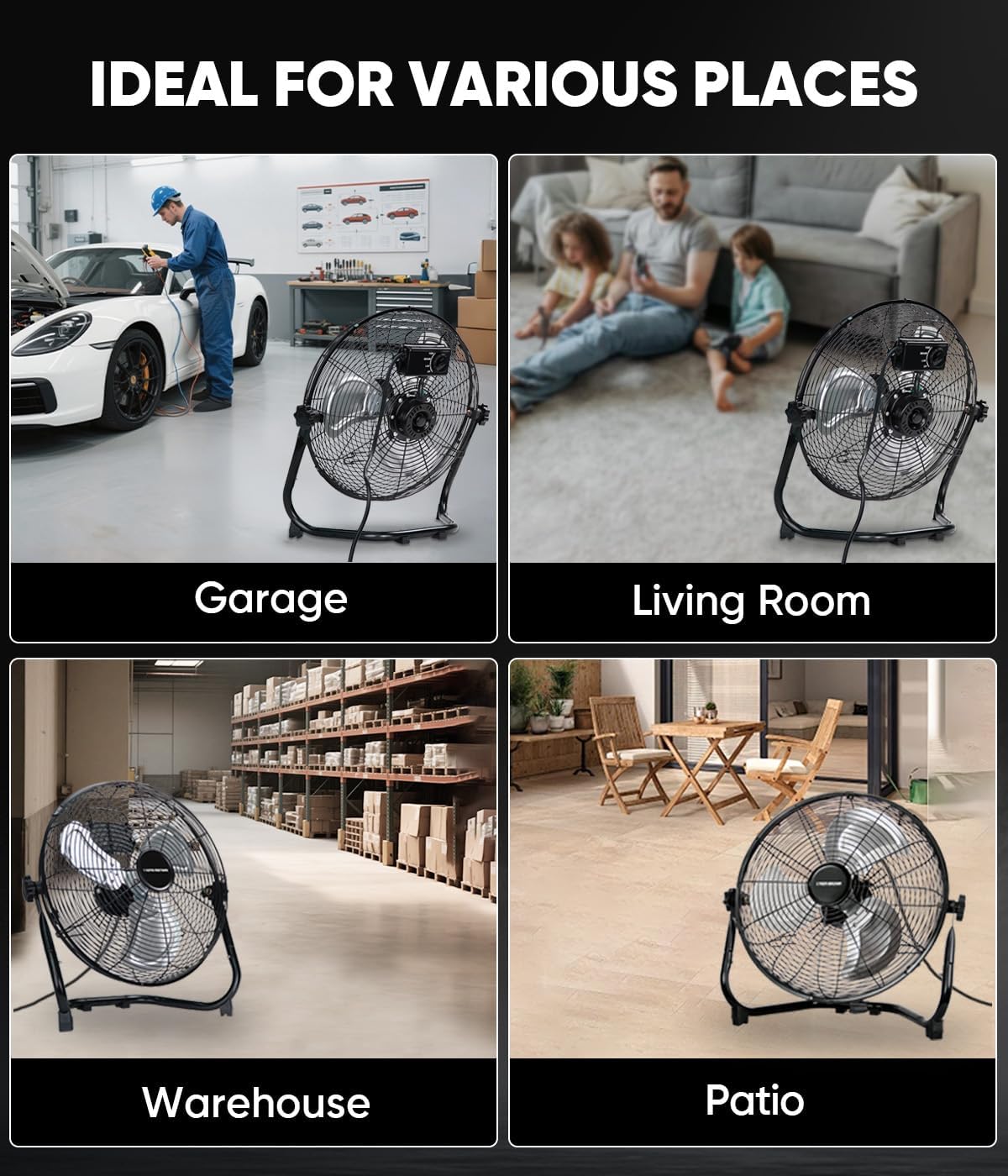 KEN BROWN 14 Inch High Velocity Metal Floor Fan, 3 Speed & 360° Adjustable Tilt, All-Metal Construction, Powerful 25 ft/sec Airflow, for Warehouse, Workshop, Factory, Garage & Home