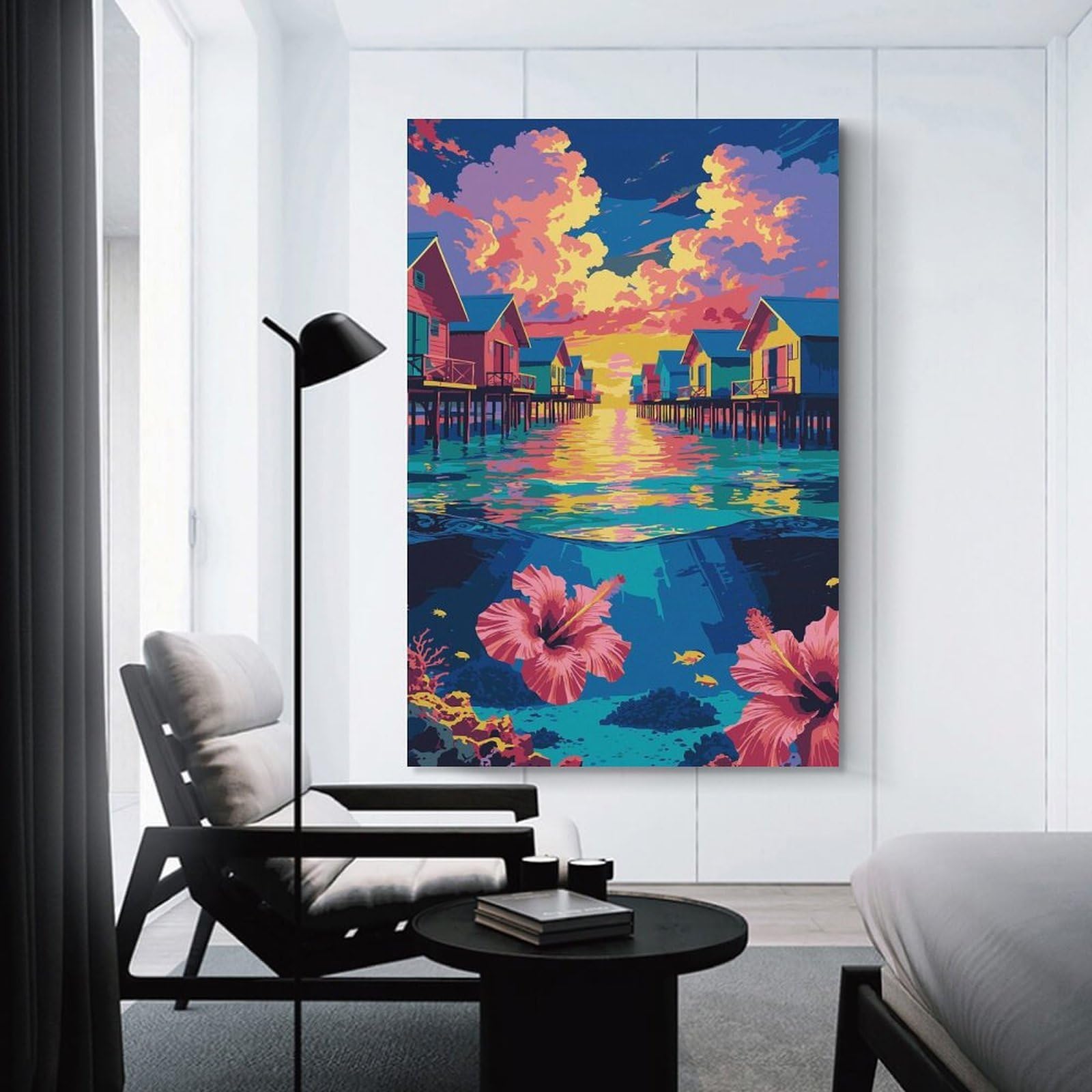 Junmoney Tropical Overwater Bungalows with Underwater Scene Wall Art Print, 20x30inch(50x75cm), for Bedroom Decor, Cosy Corners Or Studios, Decorative Wall Art for Cosy Rooms
