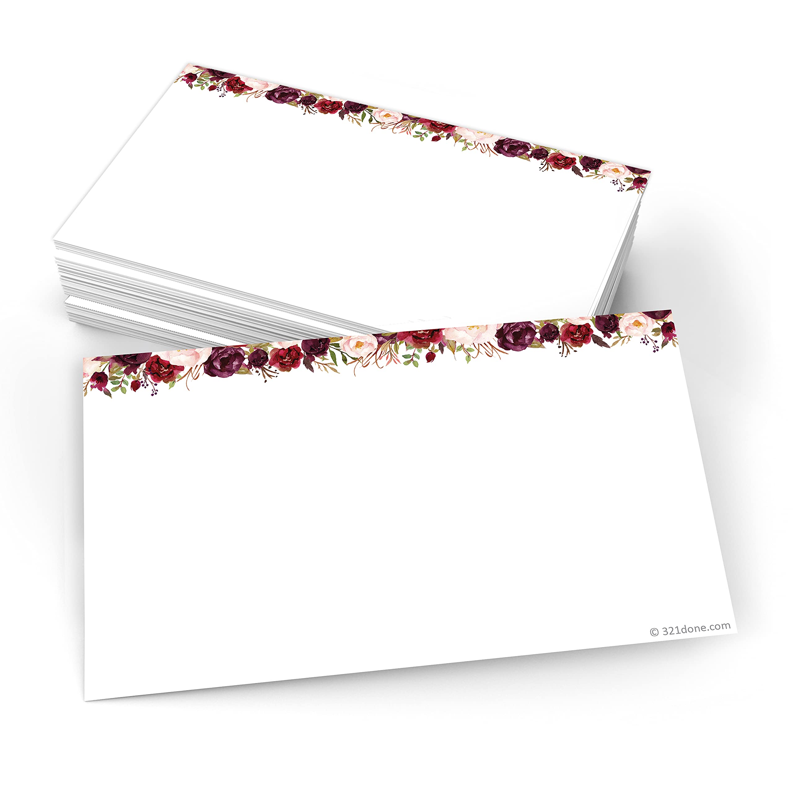 321Done Red Rose Floral Index Cards - Blank, No Lines - (50) Small 3x5 White Cards - For Studying, Learning, Flashcards, Desk Notes, Messages,