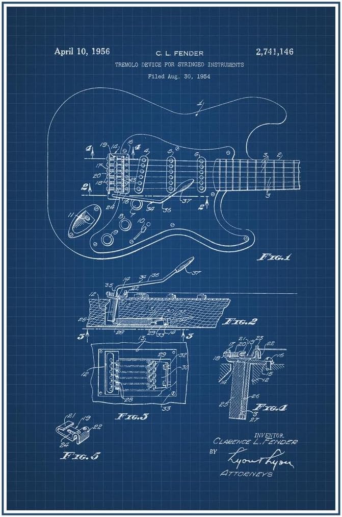 Electric Guitar 1956 Official Patent Office Blueprint Design Stringed Instrument Rock Roll Music Band Strings Frets Diagram Decoration Cool Wall Art Print Poster 24x36