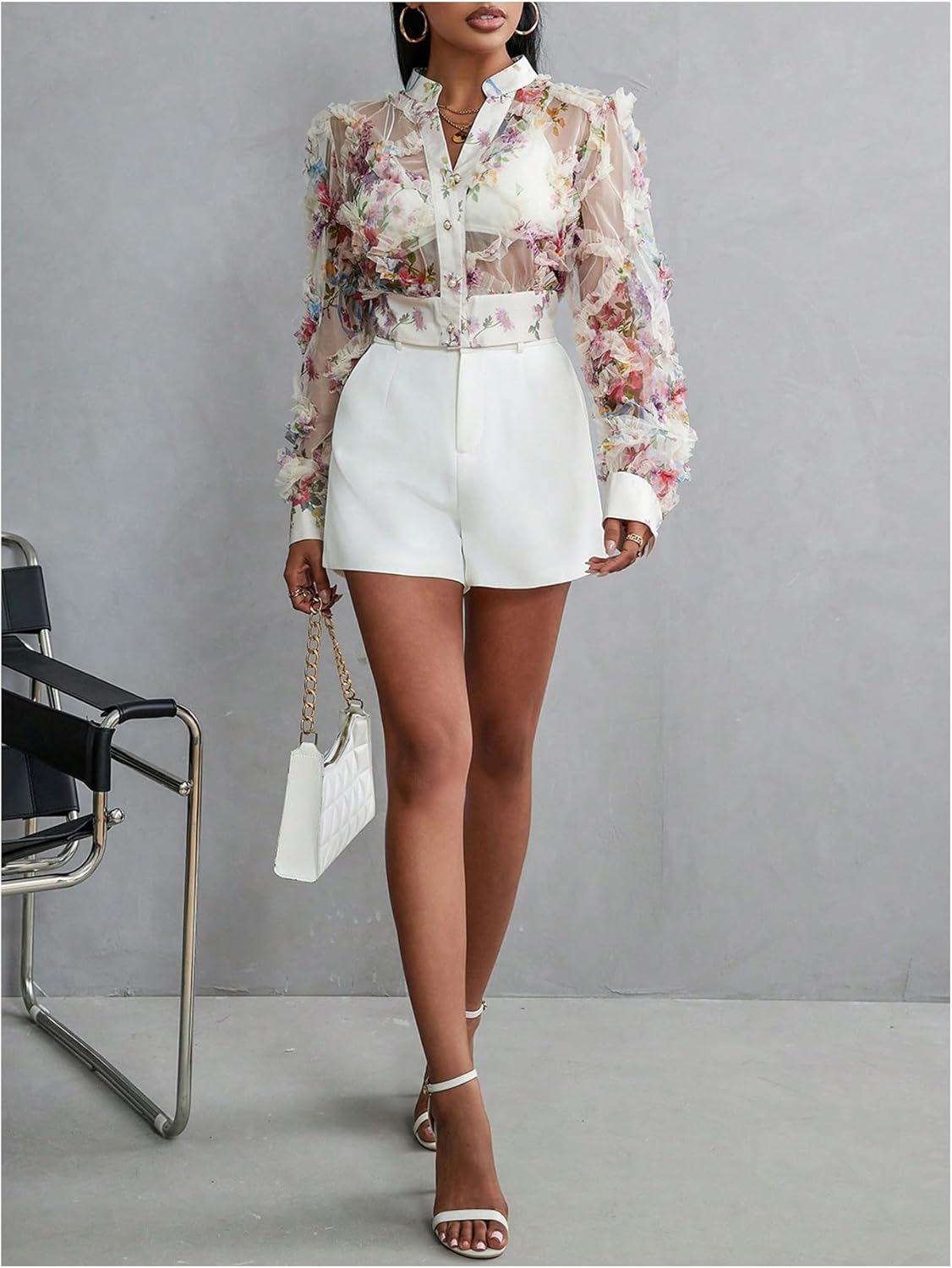 WDIRARA Women's Floral Mesh Sheer Button Down Blouse Long Sleeve Notch V Neck Shirt Ruffle Crop Top - Image 6