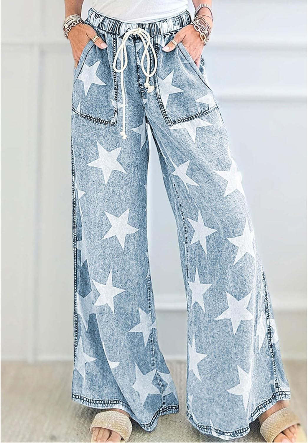 yoeasy Women's Baggy Wide Leg Jeans Drawstring Elastic Waisted Star Printed Casual Loose Flare Denim Pants